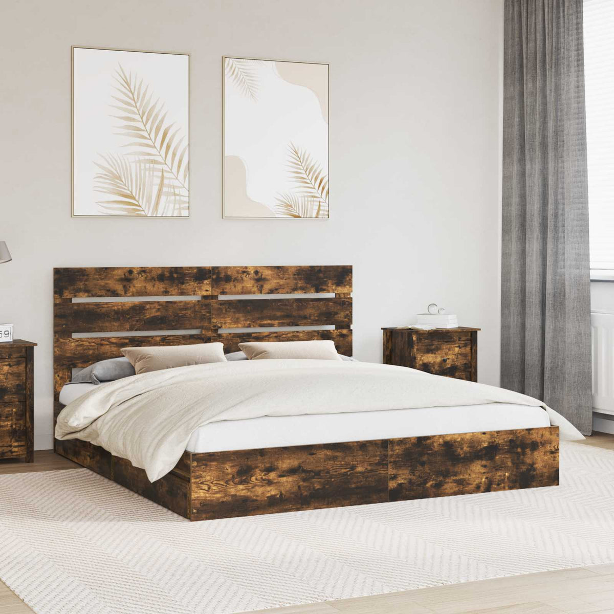 vidaXL Storage Bed with Drawer Smoked Oak 180 x 200 cm Engineered Wood 1