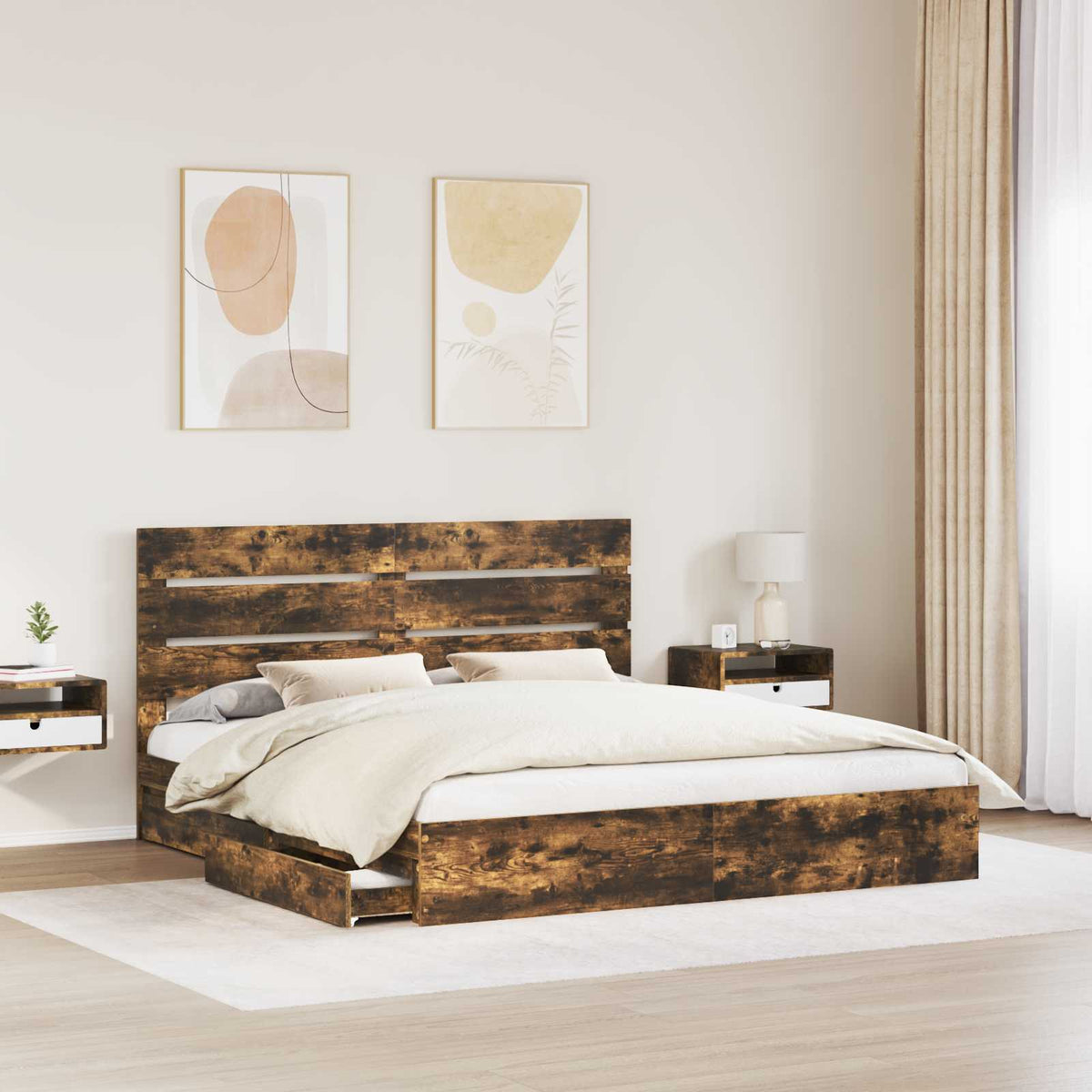 vidaXL Storage Bed with Drawer Smoked Oak 180 x 200 cm Engineered Wood 3