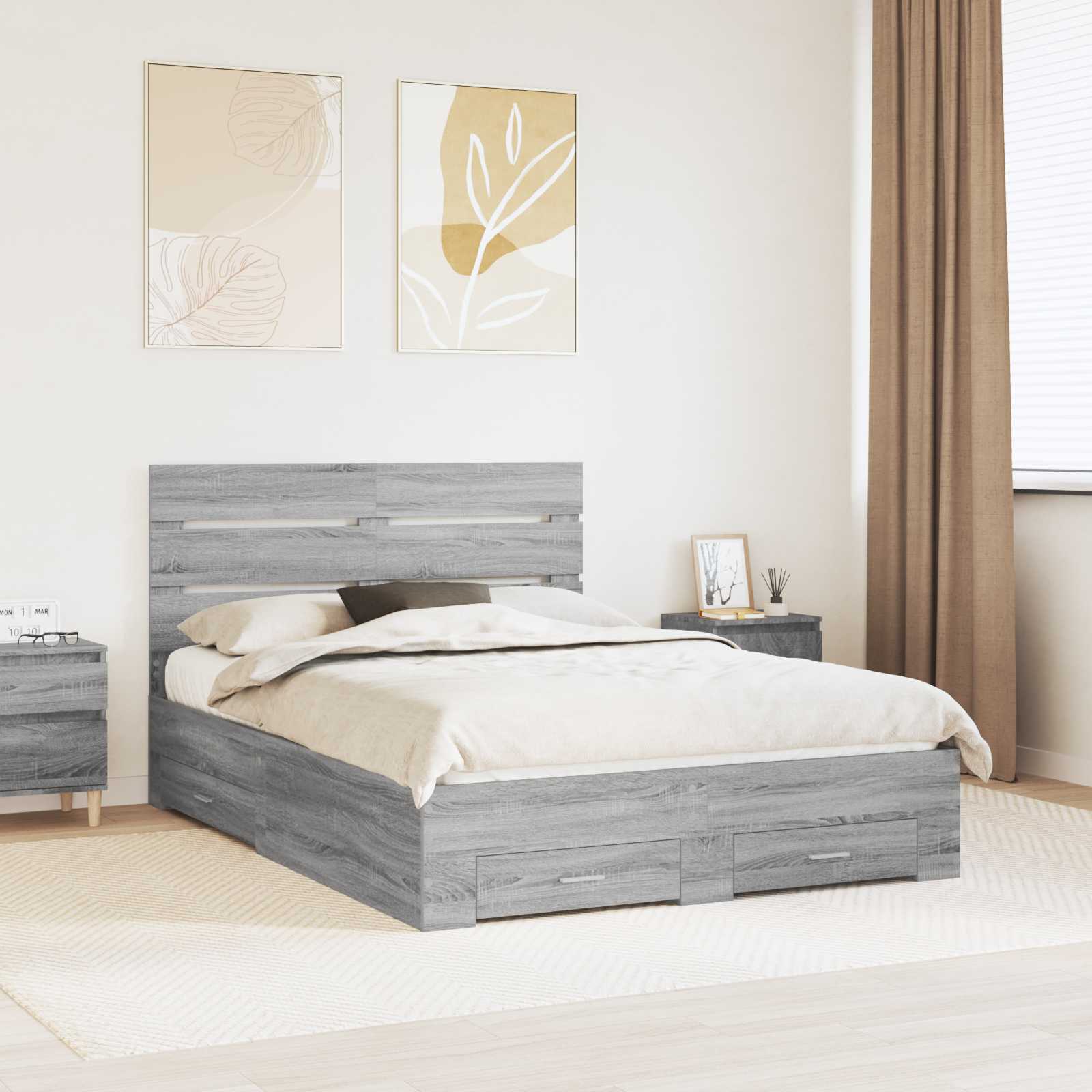 vidaXL Bed Frame with Drawer Grey Sonoma 150 x 200 cm Engineered Wood 1