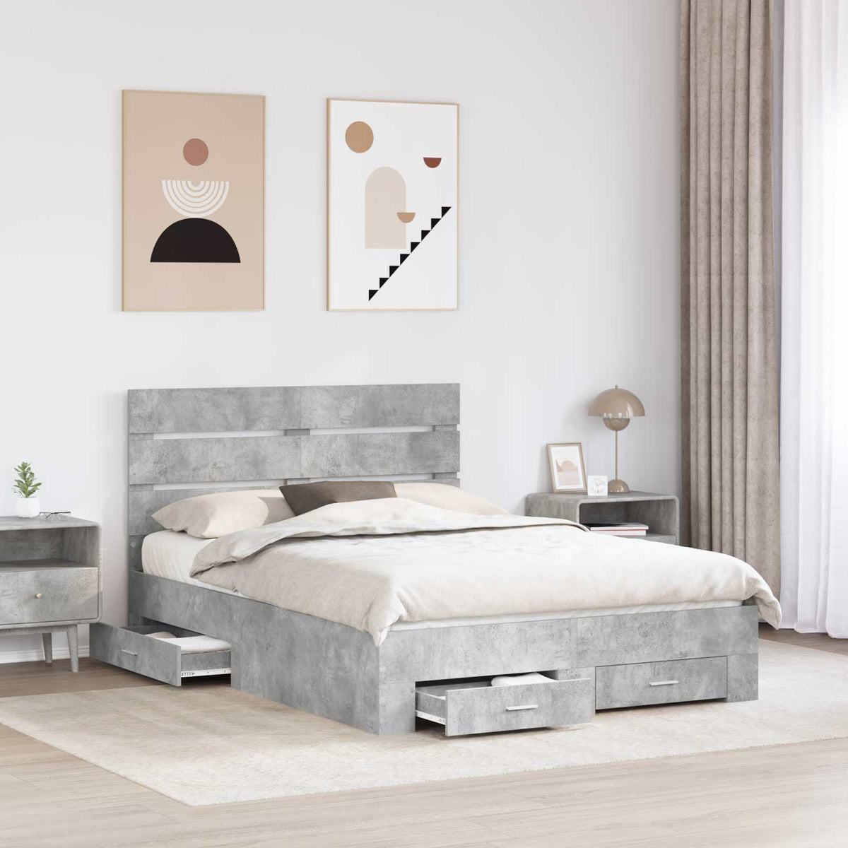 Bed Frame with Drawer 140 x 190 cm Engineered Wood Length 190 cm Width 140 cm Concrete grey
