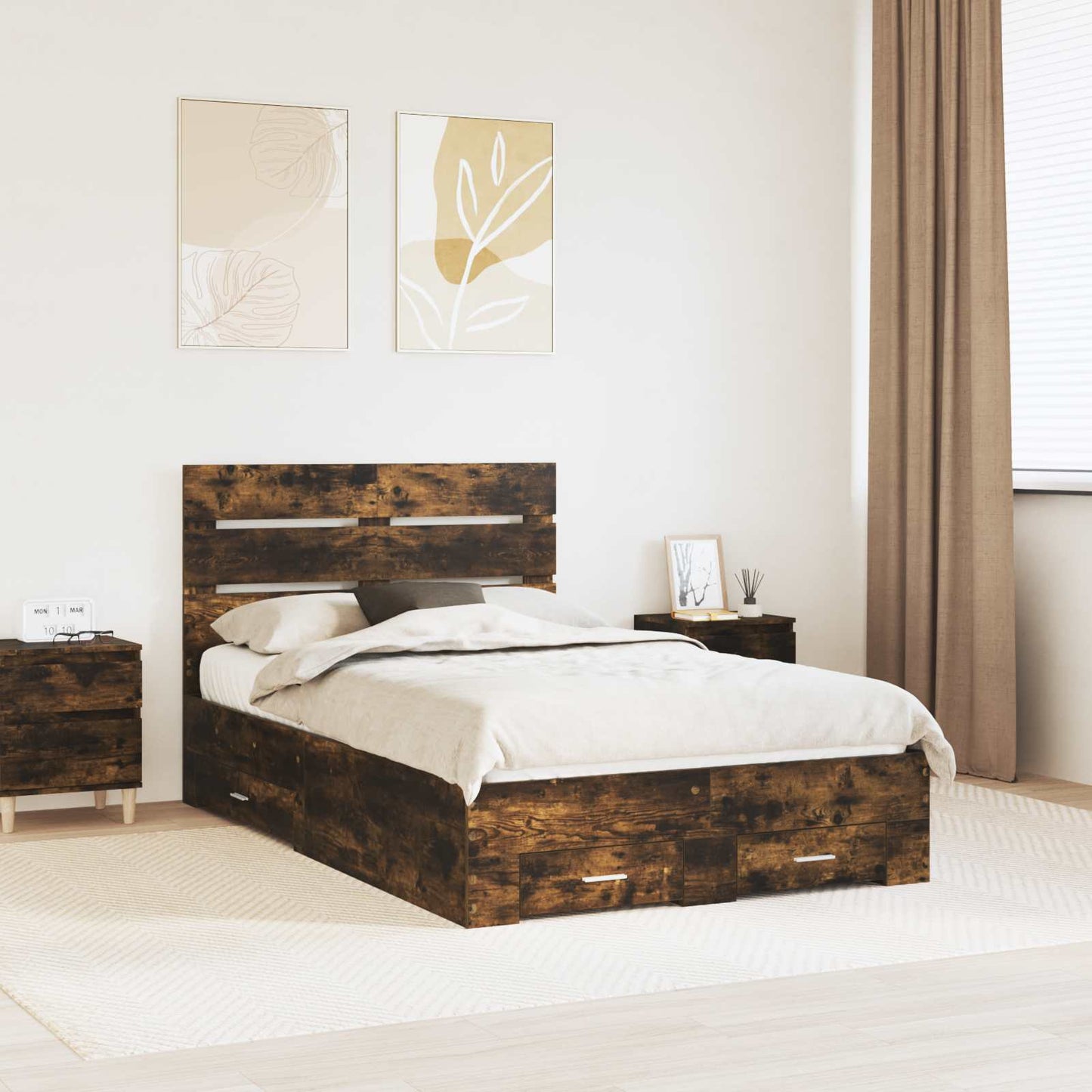 vidaXL Bed Frame with Drawer Smoked Oak 120 x 200 cm Engineered Wood 1