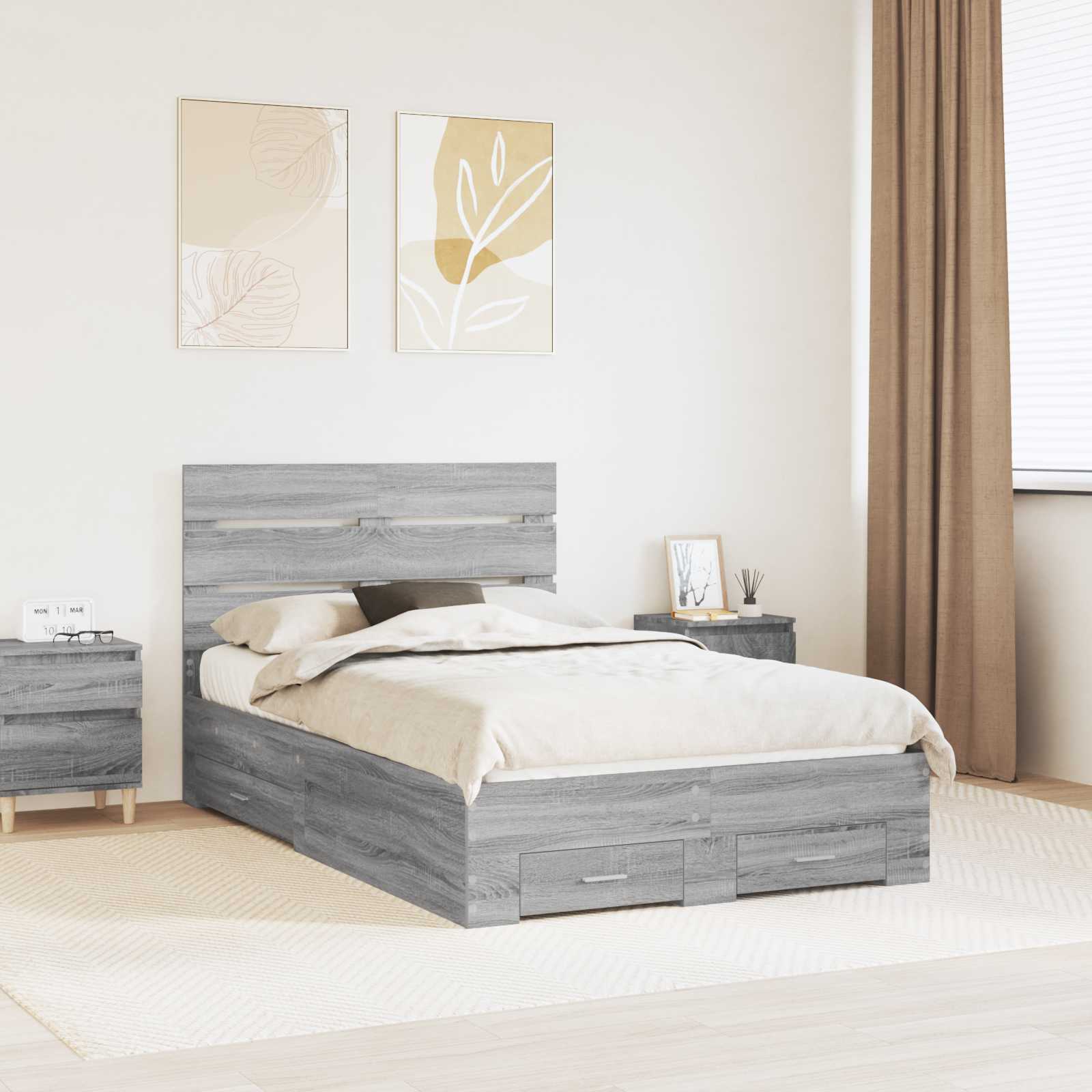 vidaXL Bed Frame with Drawer Grey Sonoma 120 x 190 cm Engineered Wood 1