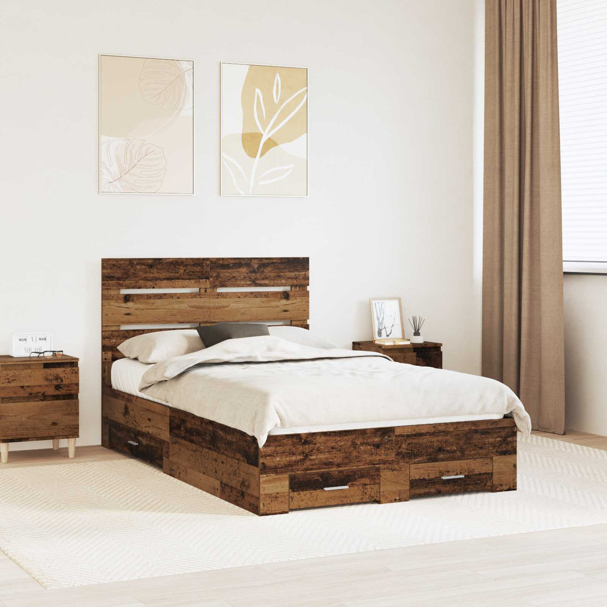 Bed Frame with Drawer 120 x 190 cm Engineered Wood Length 190 cm Width 120 cm Old wood