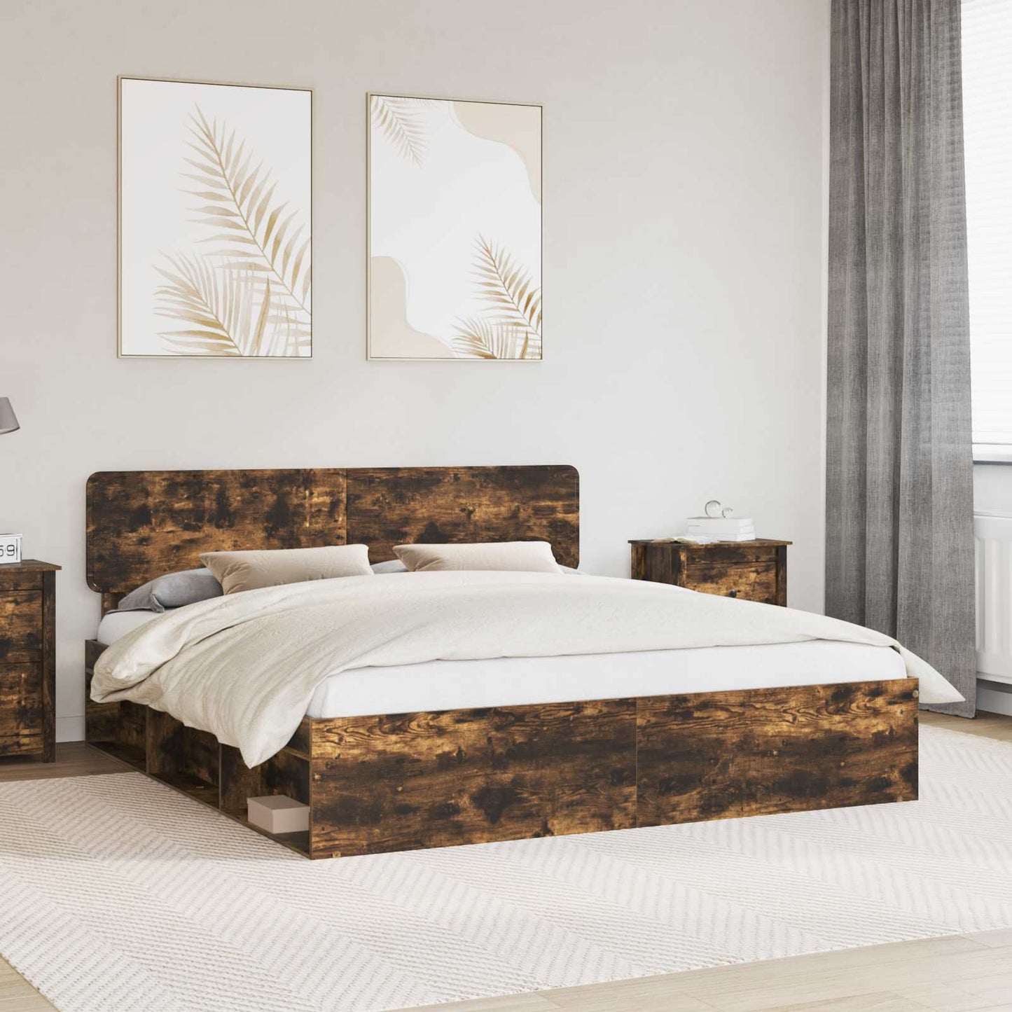 vidaXL Bed Frame Smoked Oak 200 x 200 cm Solid Pine Wood 1