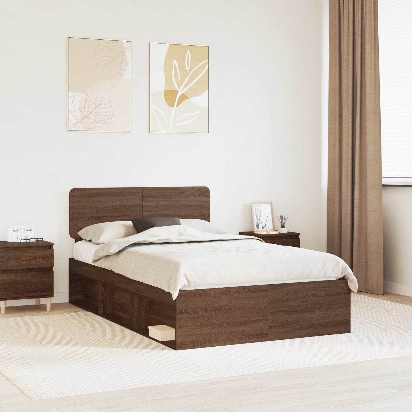 vidaXL Bed Frame with Headboard Brown Oak 120 x 200 cm Solid Pine Wood 1
