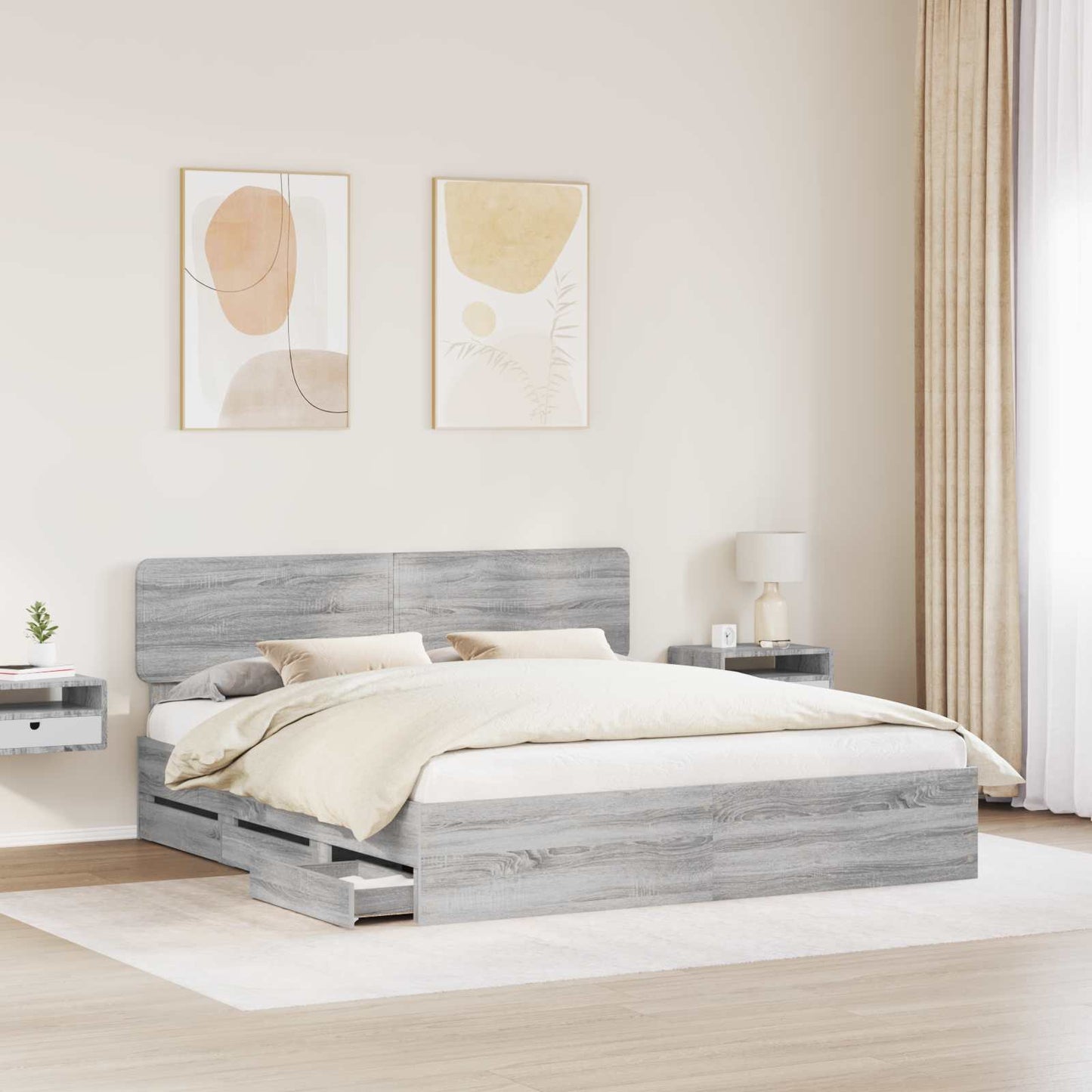 vidaXL Bed Frame with Drawer Grey Sonoma 200 x 200 cm Engineered Wood 3