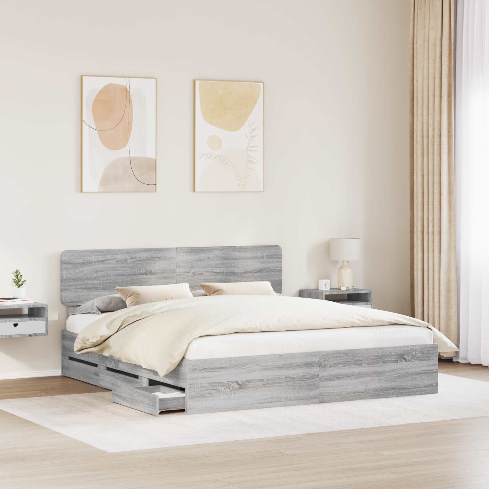 vidaXL Bed Frame with Drawer Grey Sonoma 200 x 200 cm Engineered Wood 3