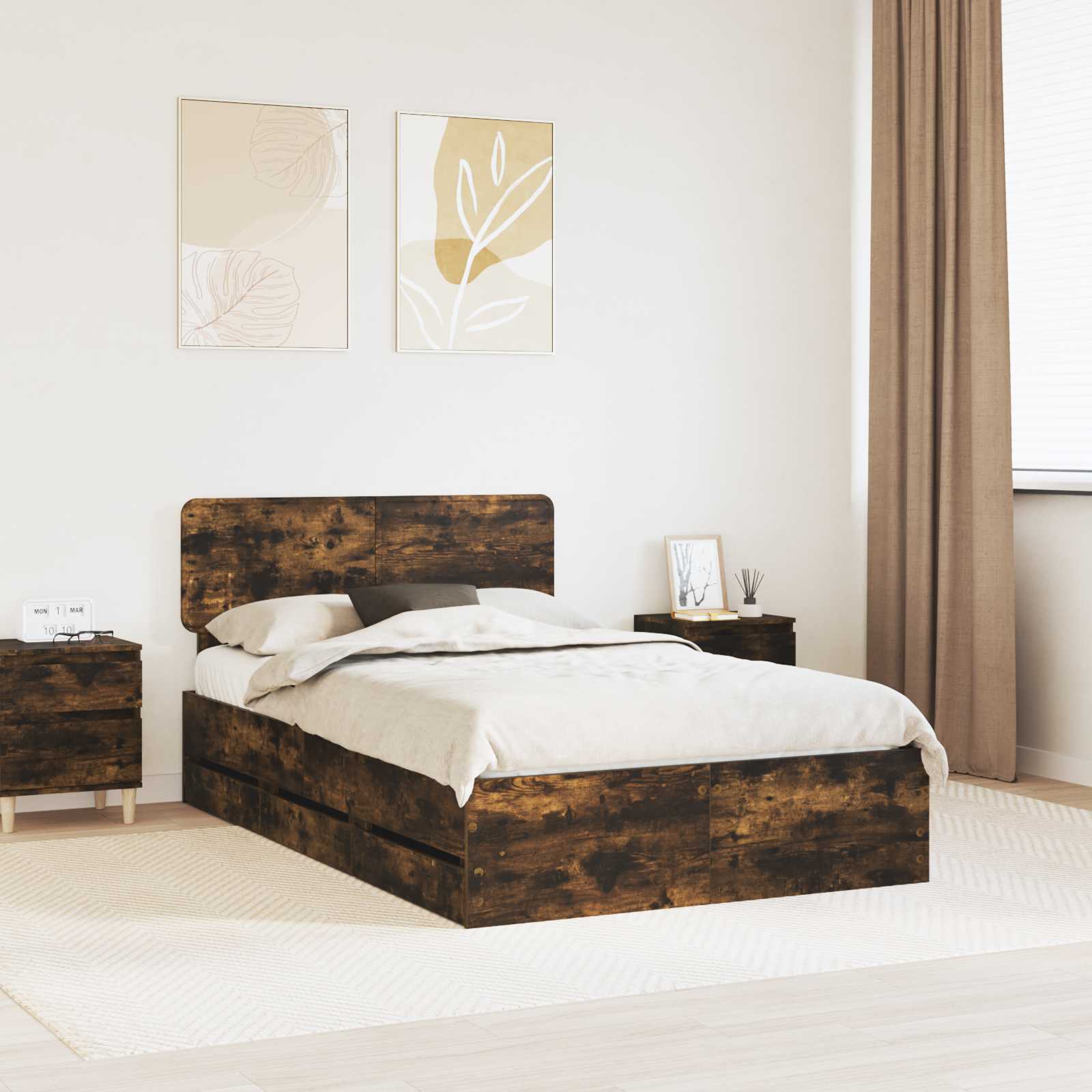 vidaXL Bed Frame with Drawer Smoked Oak 120 x 200 cm Engineered Wood 1