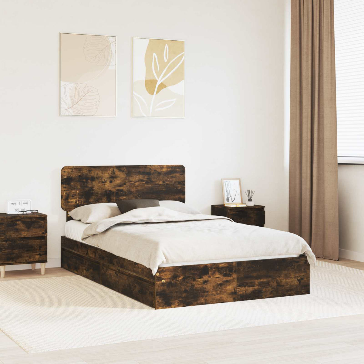 Storage Bed with Drawer Engineered Wood Length 190 cm Smoked oak 135 cm