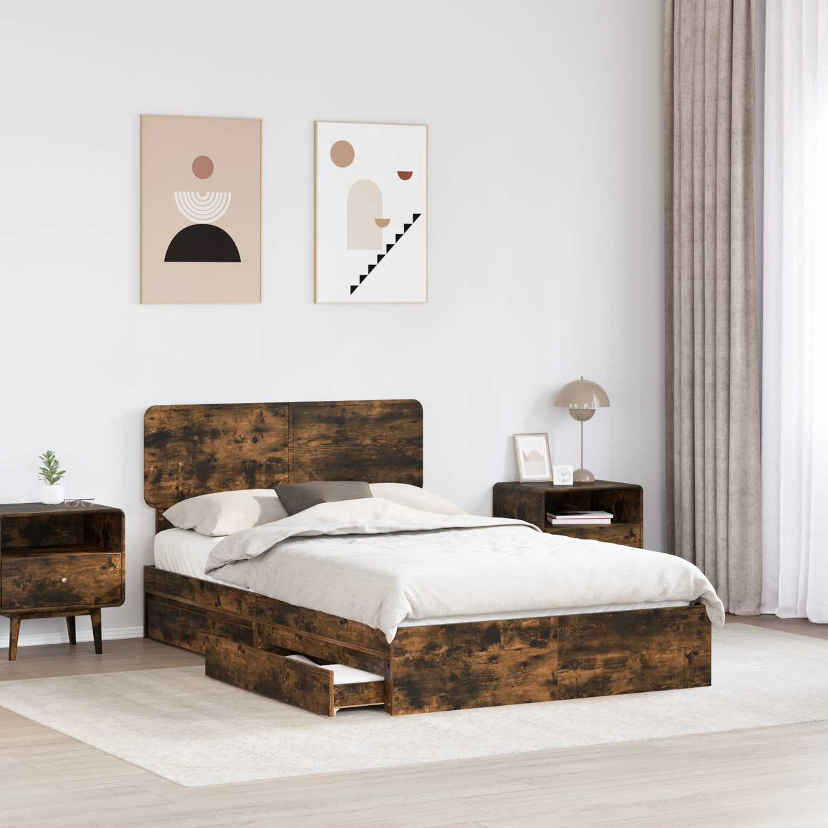 vidaXL Storage Bed Smoked Oak 135 x 190 cm Engineered Wood 3