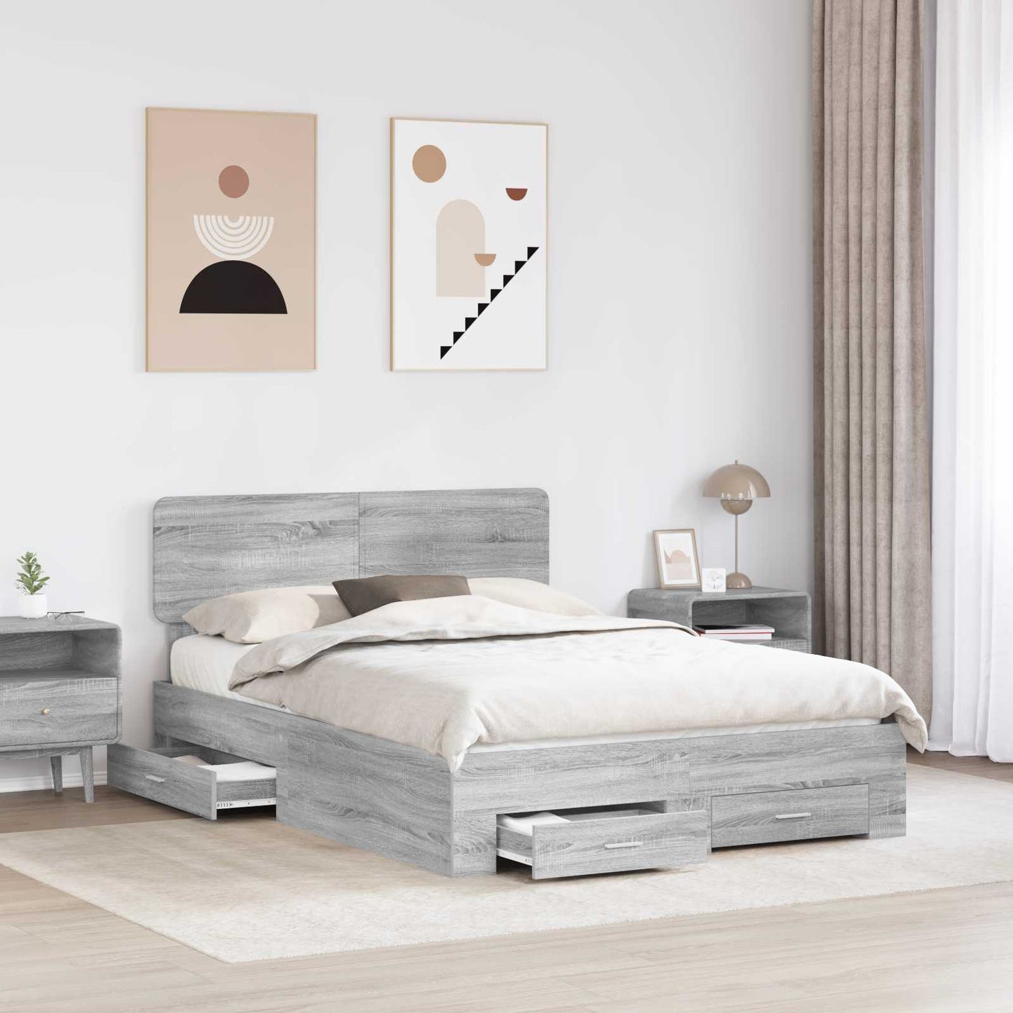vidaXL Bed Frame with Drawer Grey Sonoma 150 x 200 cm Engineered Wood 3