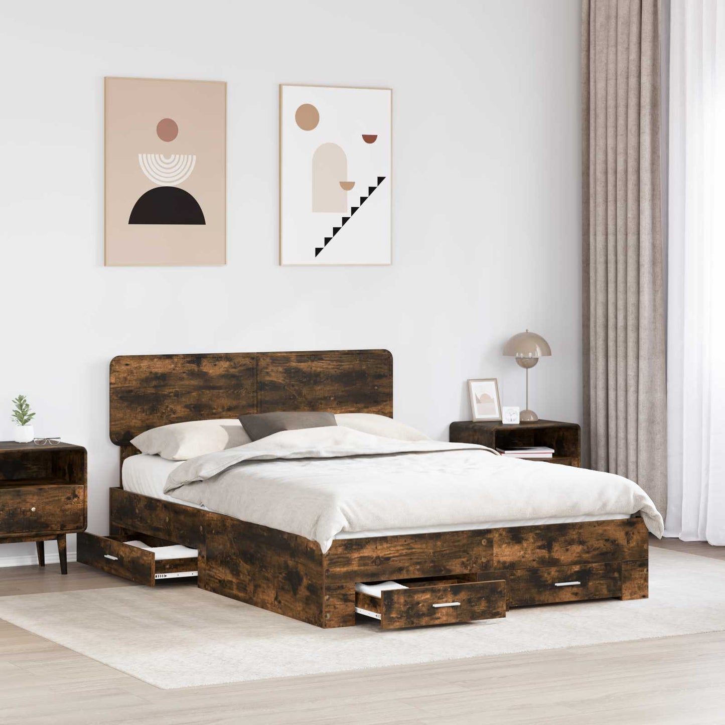 vidaXL Bed Frame with Drawer Smoked Oak 140 x 190 cm Engineered Wood 3