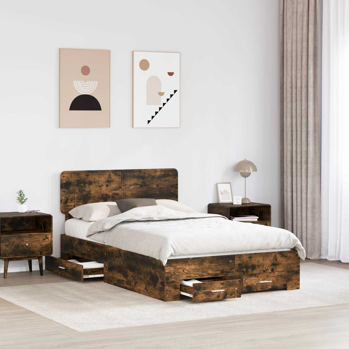 Bed Frame with Drawer 120 x 190 cm Engineered Wood Length 190 cm Width 120 cm Smoked oak
