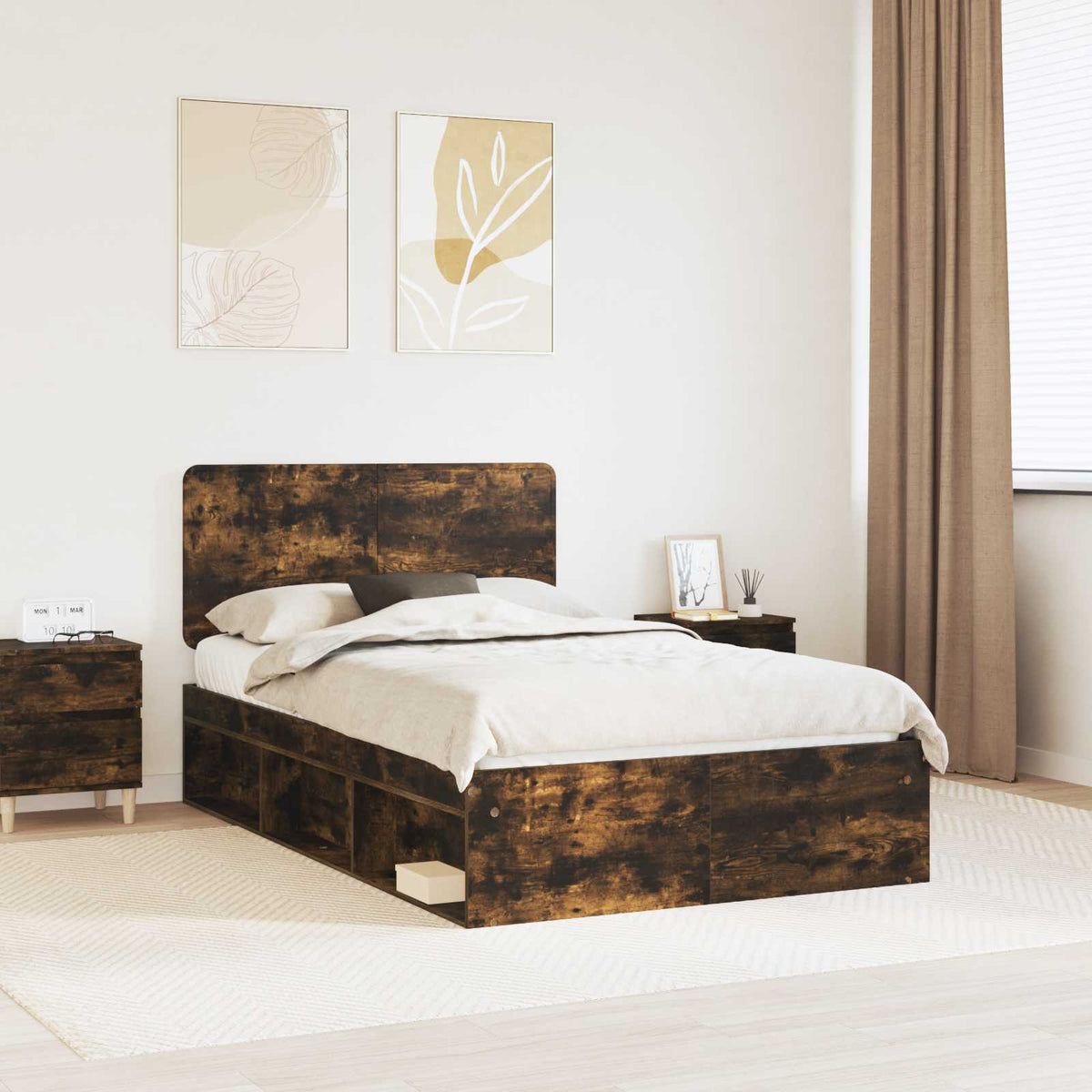 vidaXL Bed Frame Smoked Oak 120 x 190 cm Solid Pine Wood 1