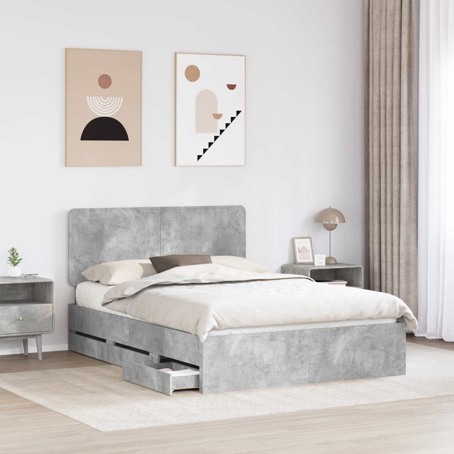 vidaXL Bed Frame with Drawer Concrete Grey 150 x 200 cm Engineer Wood 3