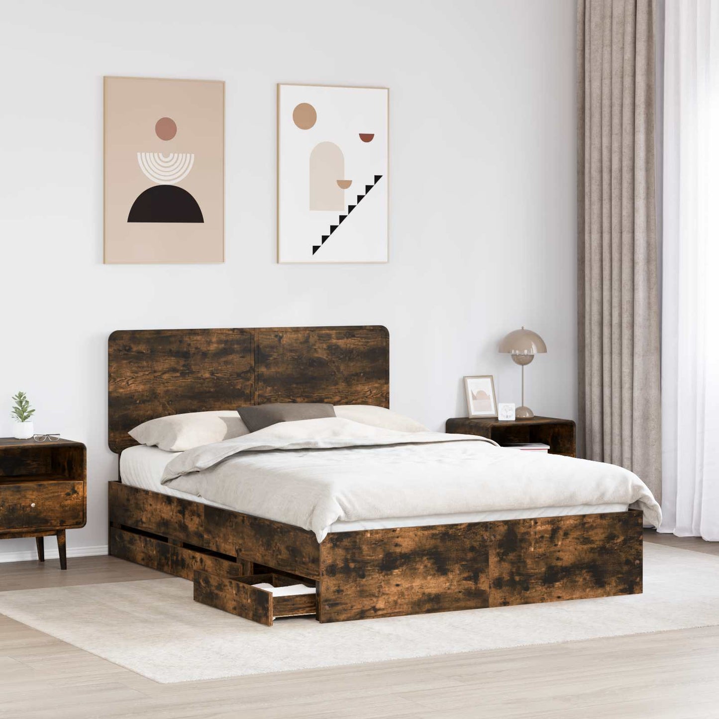 vidaXL Bed Frame with Drawer Smoked Oak 140 x 200 cm Engineer Wood 3
