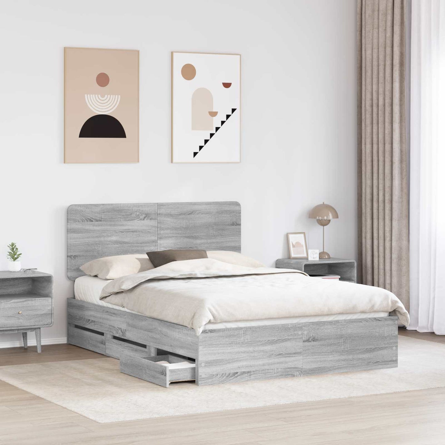 vidaXL Bed Frame with Drawer Grey Sonoma 140 x 200 cm Engineer Wood 3