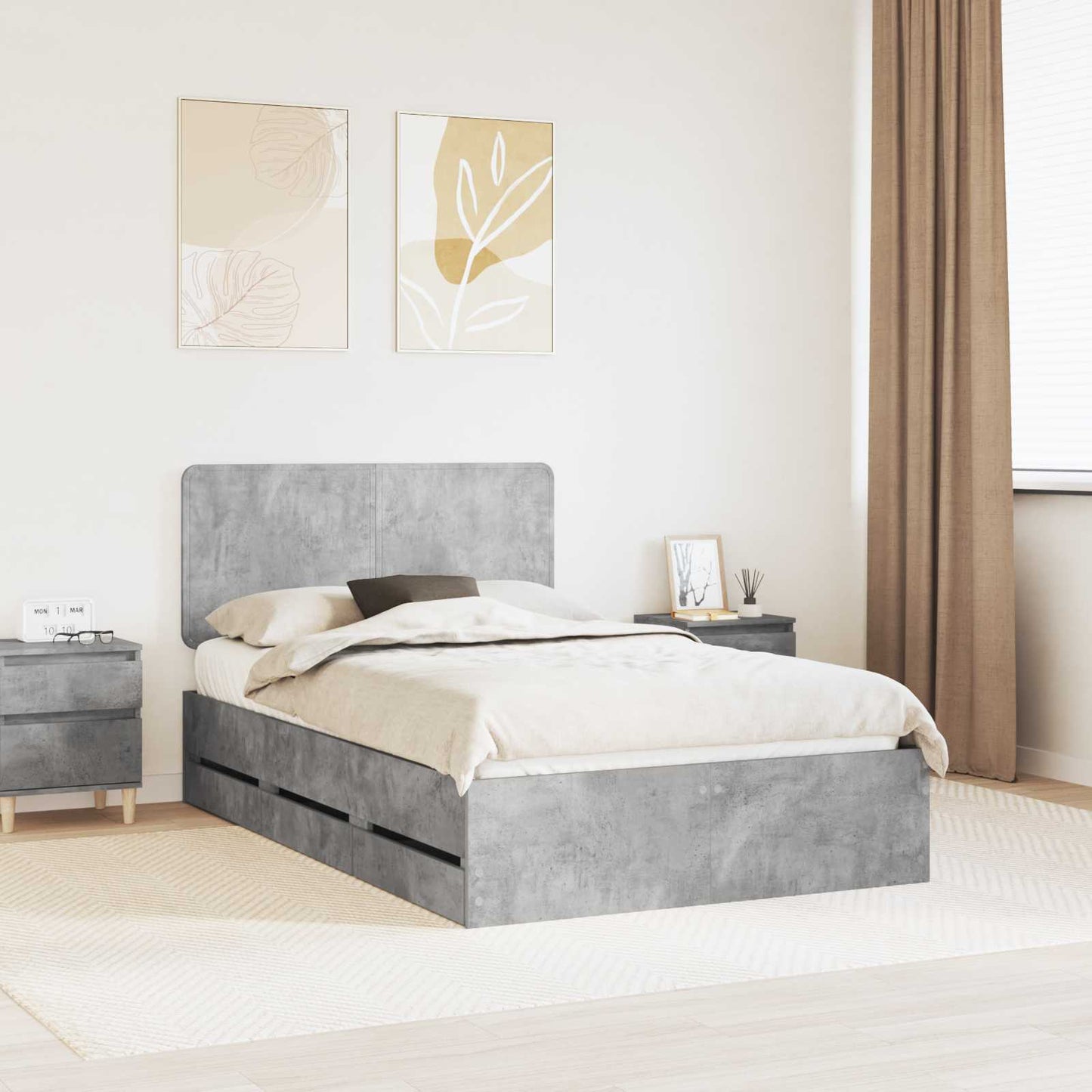 vidaXL Bed Frame with Drawer Concrete Grey 135 x 190 cm Engineer Wood 1