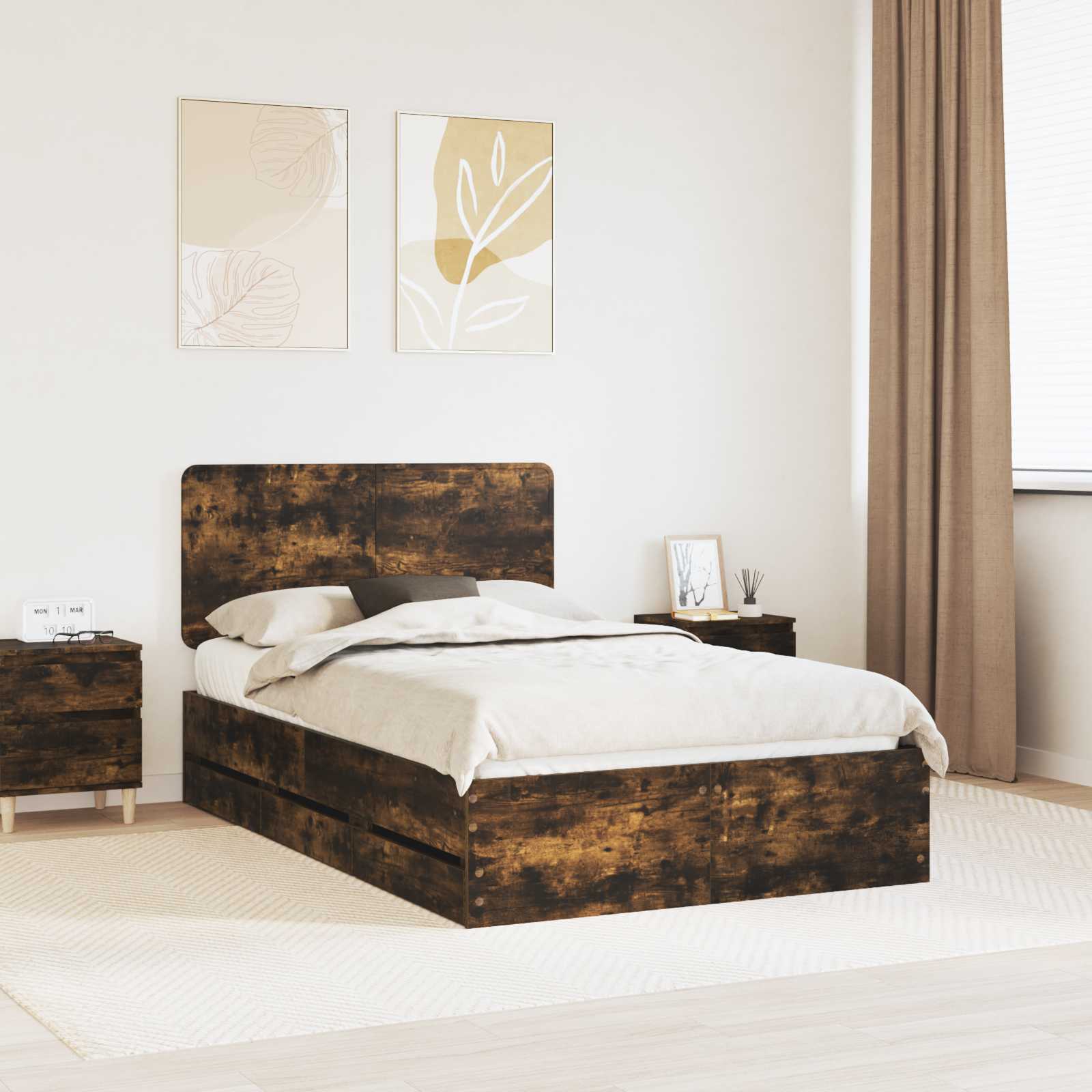 vidaXL Bed Frame with Drawer Smoked Oak 120 x 200 cm Engineer Wood 1