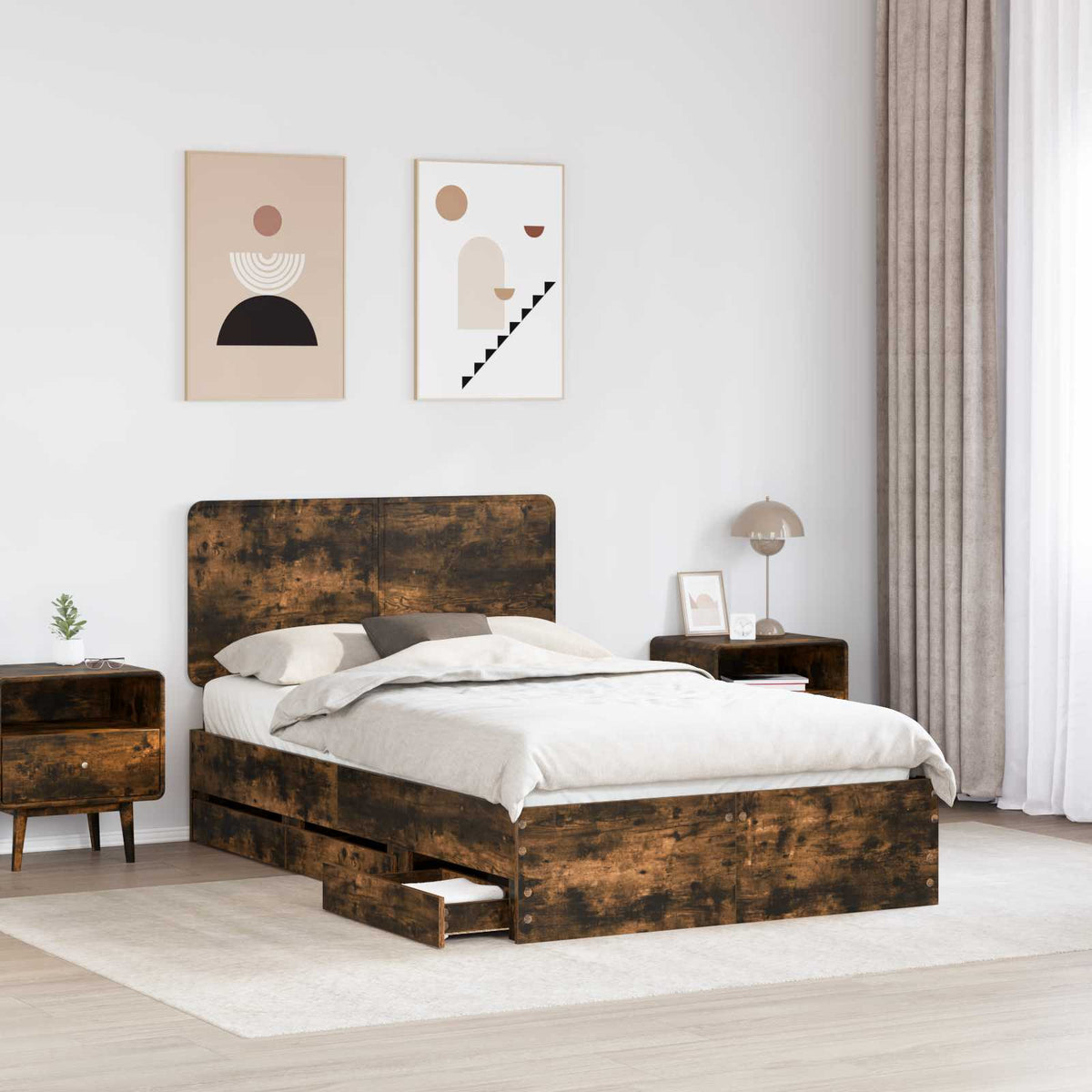 Bed Frame with Drawer 120 x 190 cm Engineer Wood Length 190 cm Width 120 cm Smoked oak