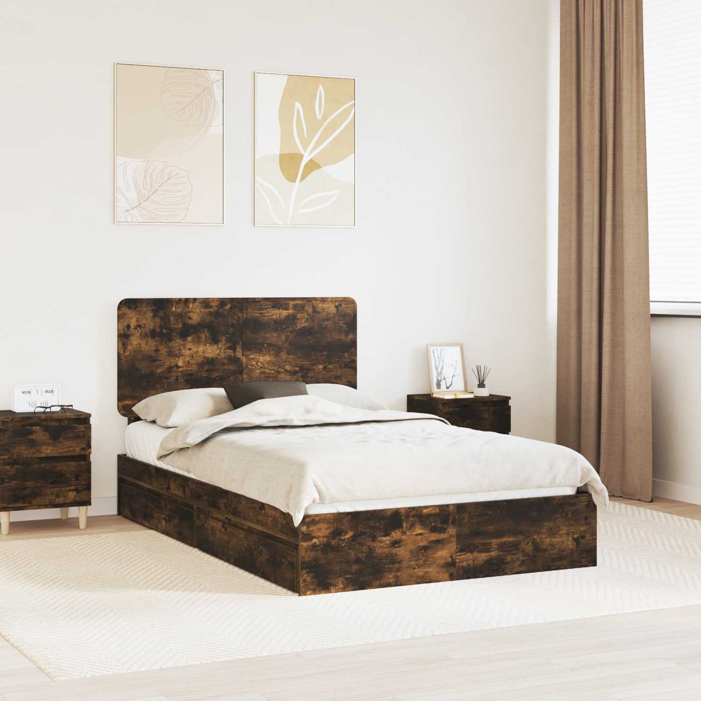 vidaXL Storage Bed with Drawer Smoked Oak 135 x 190 cm Engineered Wood 1