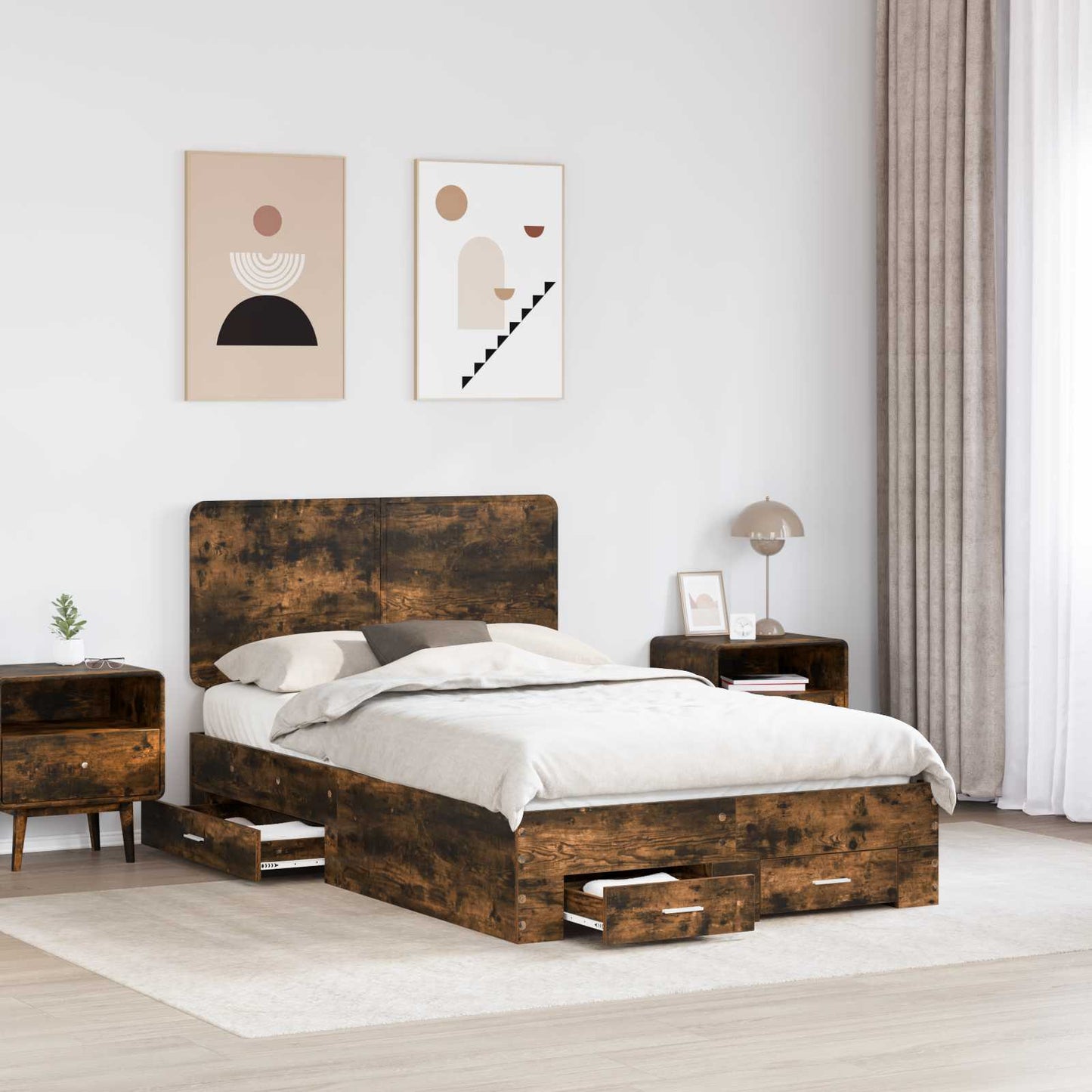 vidaXL Bed Frame with Drawer Smoked Oak 120 x 200 cm Engineered Wood 3