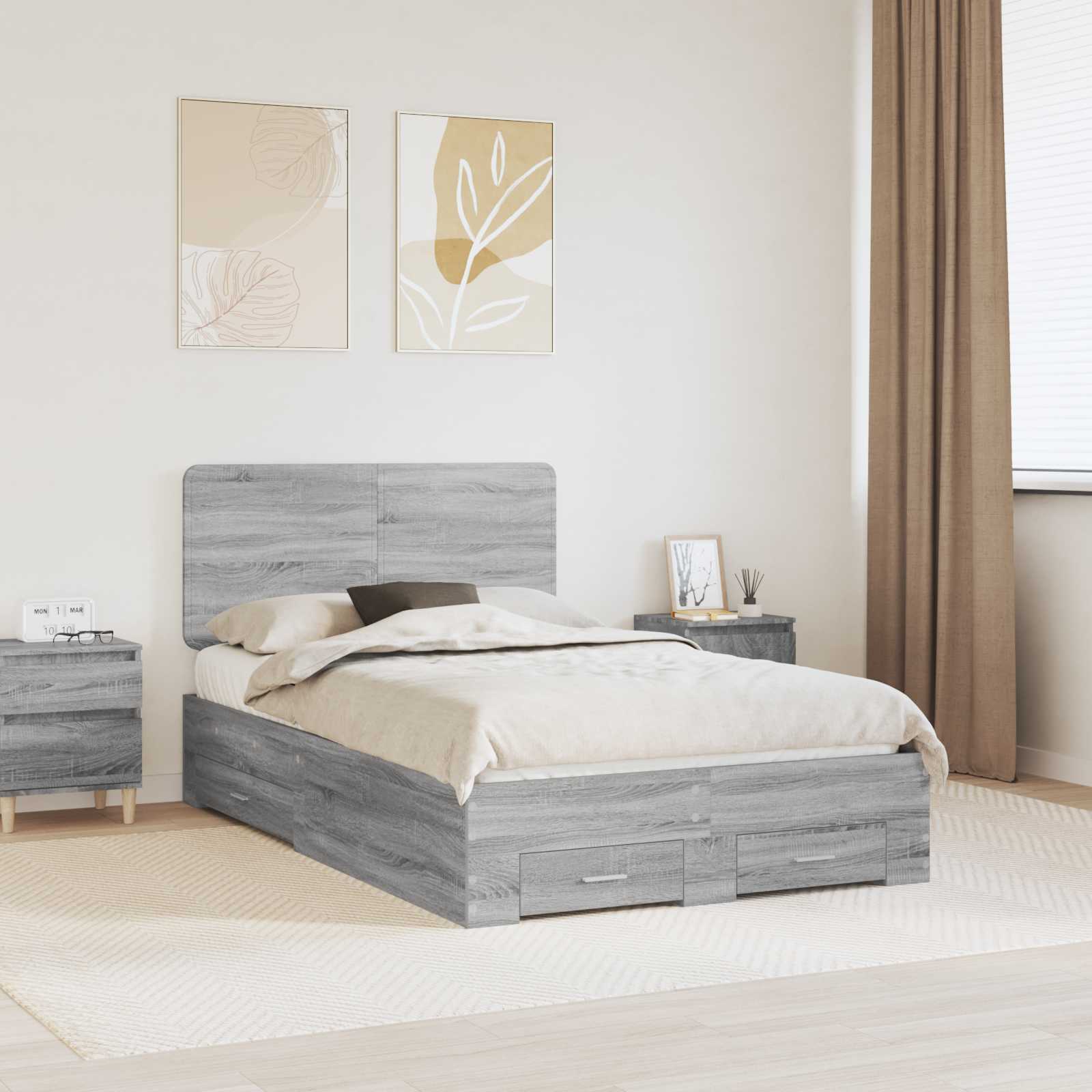 vidaXL Bed Frame with Drawer Grey Sonoma 120 x 190 cm Engineered Wood 1