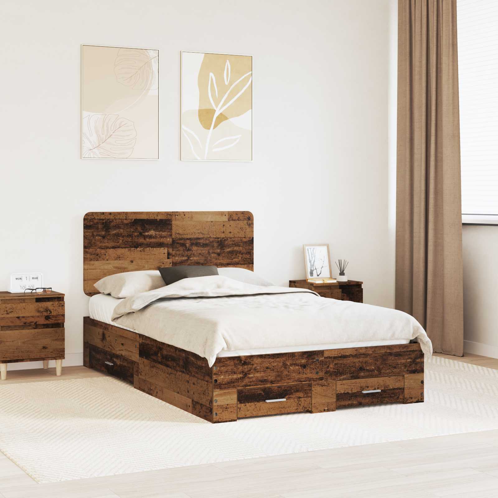 vidaXL Bed Frame with Drawer Old Wood 120 x 190 cm Engineered Wood 1