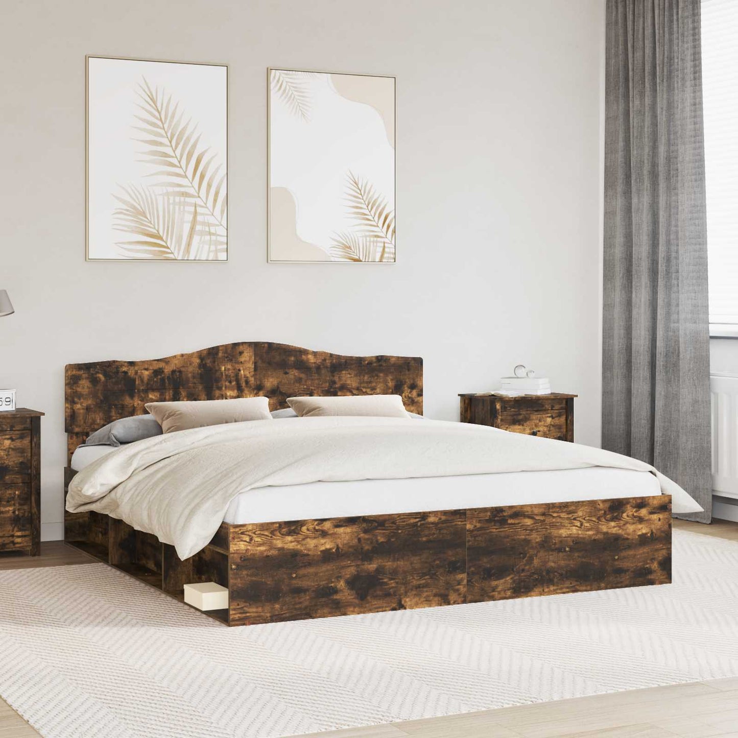vidaXL Bed Frame Smoked Oak 200 x 200 cm Solid Pine Wood 1