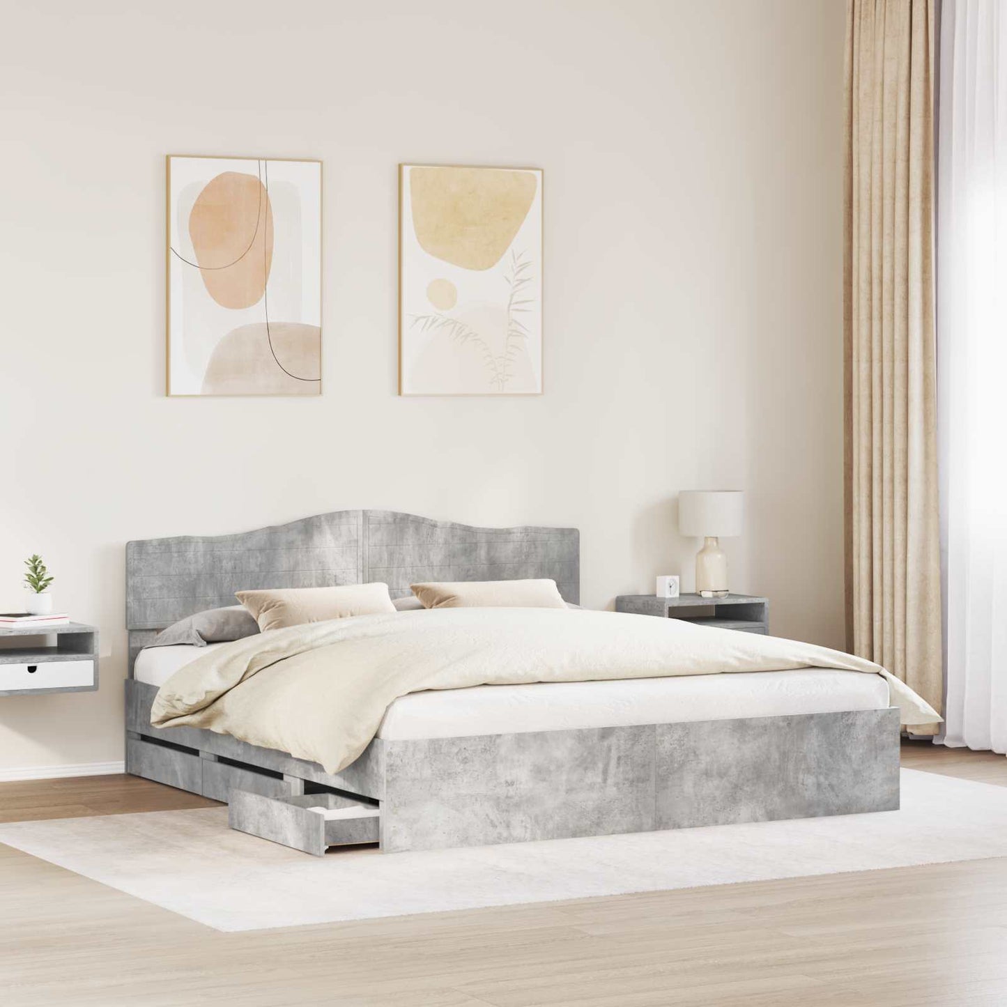 vidaXL Bed Frame with Drawer Concrete Grey 200 x 200 cm Engineer Wood 3