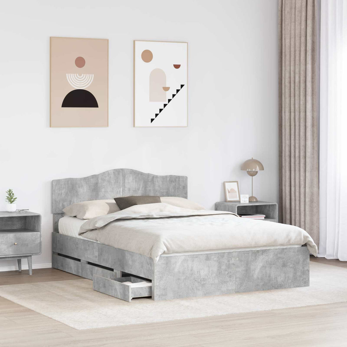 Bed Frame with Drawer Engineer Wood Length 200 cm Concrete grey 150 cm
