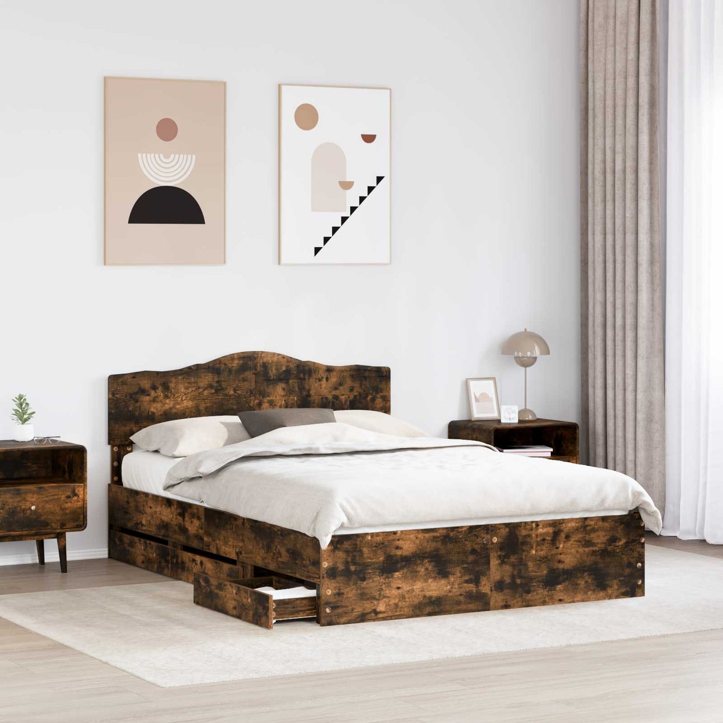 vidaXL Bed Frame with Drawer Smoked Oak 140 x 190 cm Engineer Wood 3