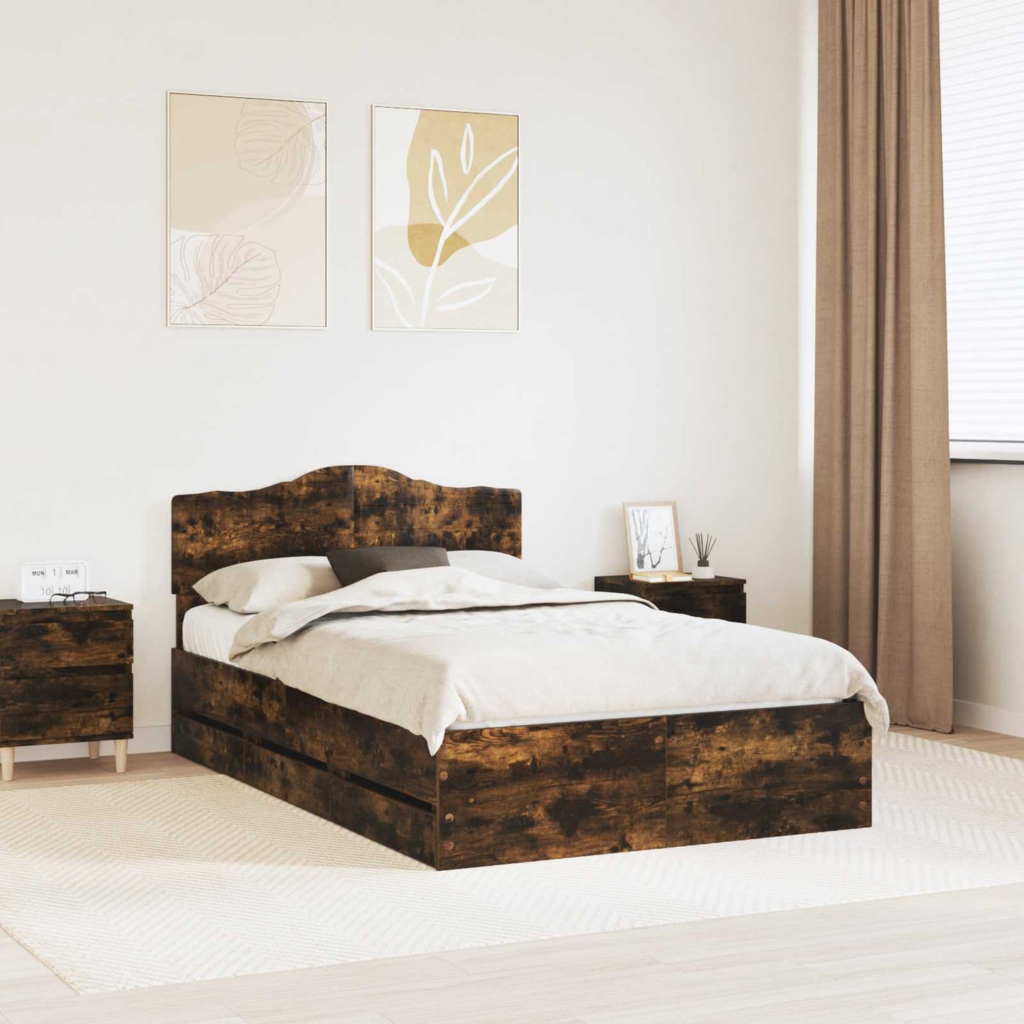 vidaXL Bed Frame with Drawer Smoked Oak 120 x 200 cm Engineer Wood 1