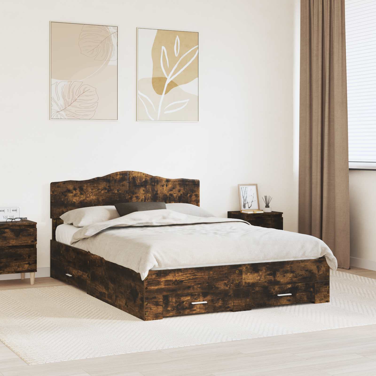 vidaXL Bed Frame with Drawer Smoked Oak 150 x 200 cm Engineered Wood 1
