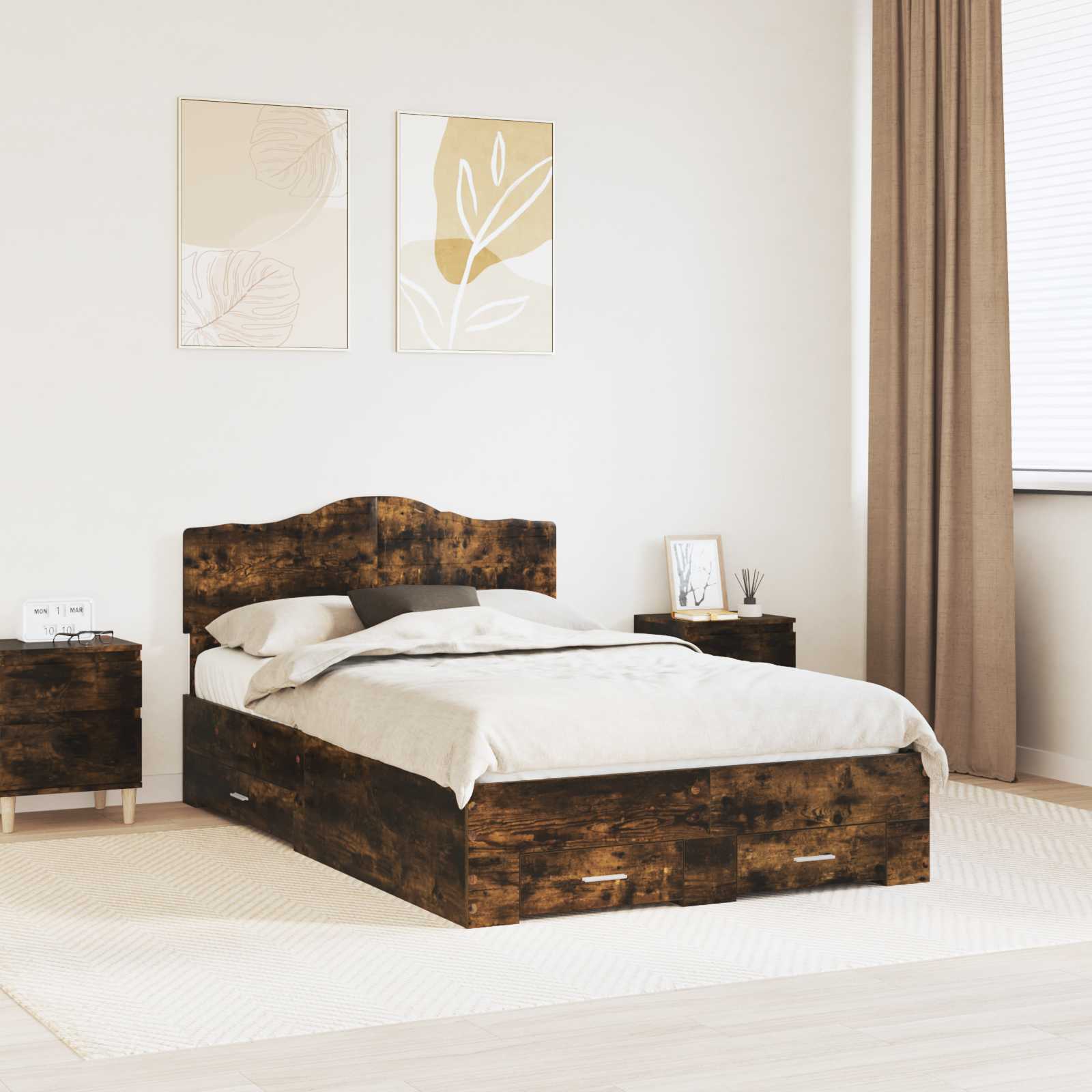 vidaXL Bed Frame with Drawer Smoked Oak 135 x 190 cm Engineered Wood 1