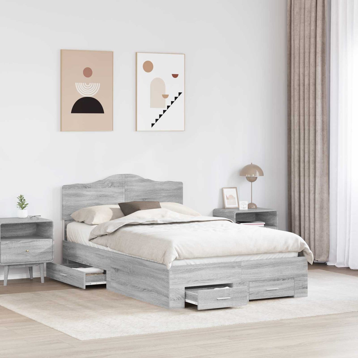 vidaXL Bed Frame with Drawer Grey Sonoma 135 x 190 cm Engineered Wood 3