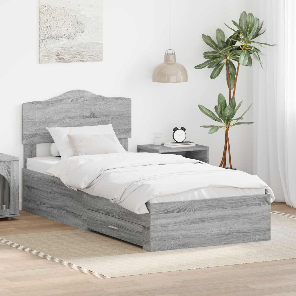 vidaXL Bed Frame with Drawer Engineered Wood Length 200 cm Grey sonoma