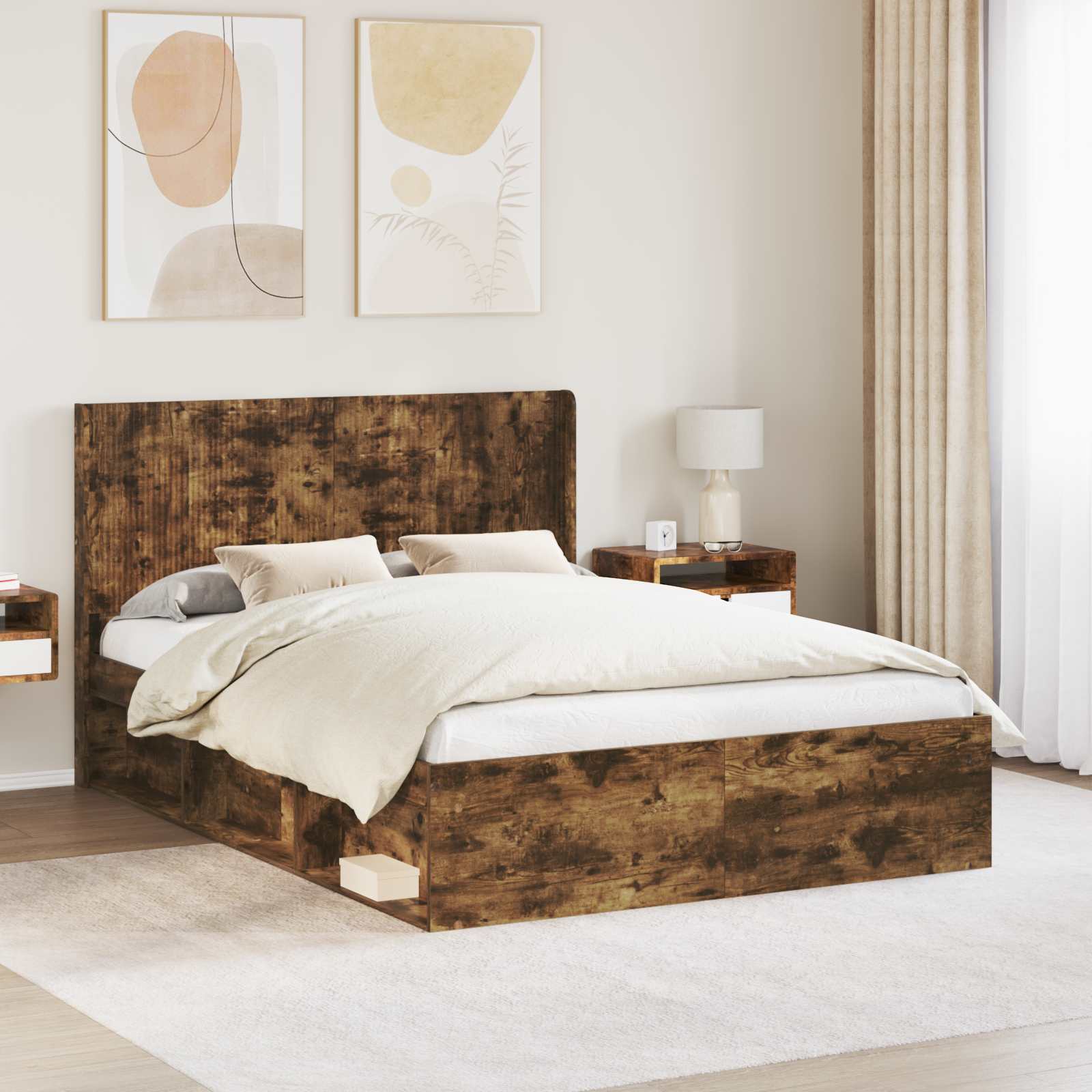 vidaXL Bed Frame with Storage and Headboard Smoked Oak 135 x 190 cm 1