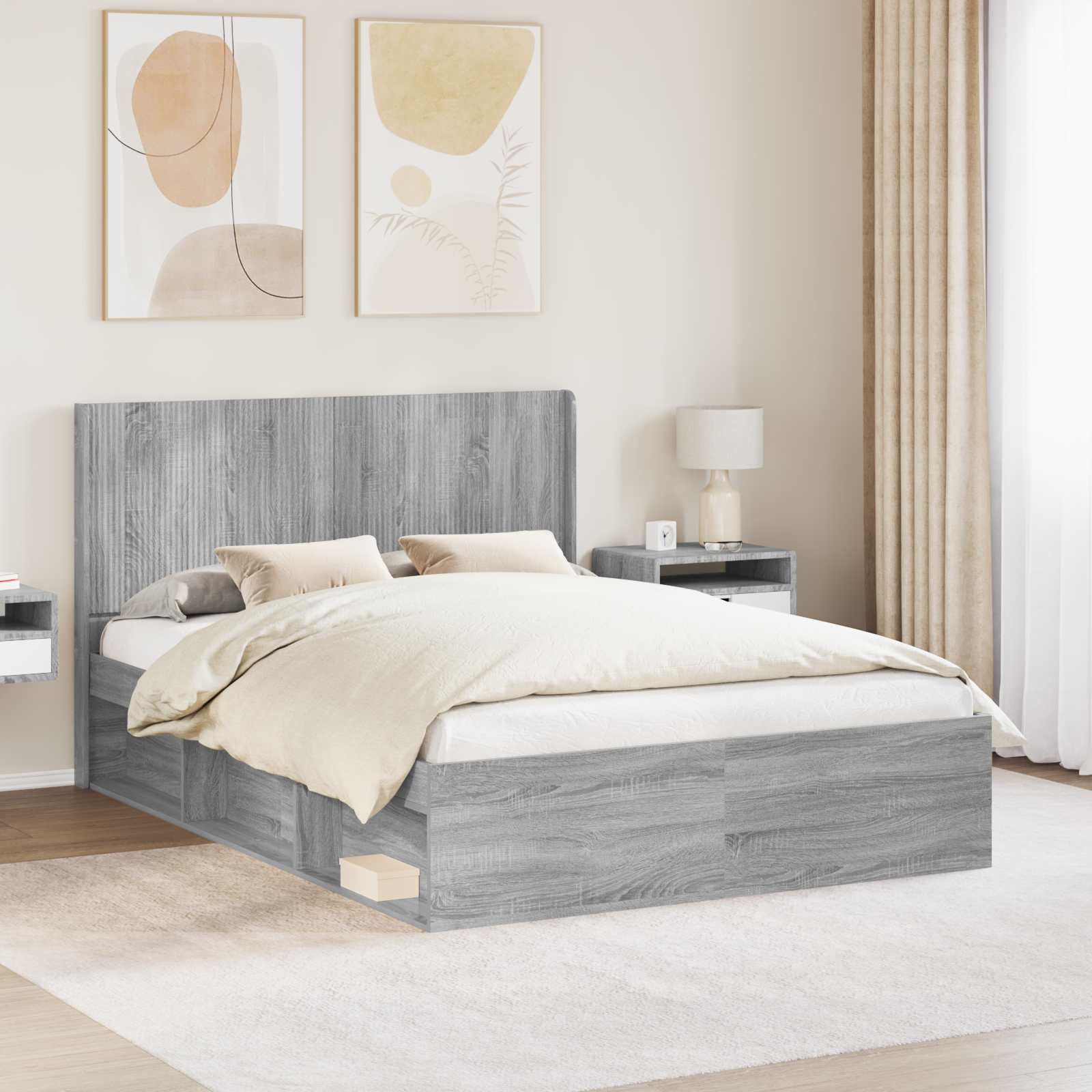 vidaXL Bed Frame with Storage and Headboard Grey Sonoma 135 x 190 cm 1