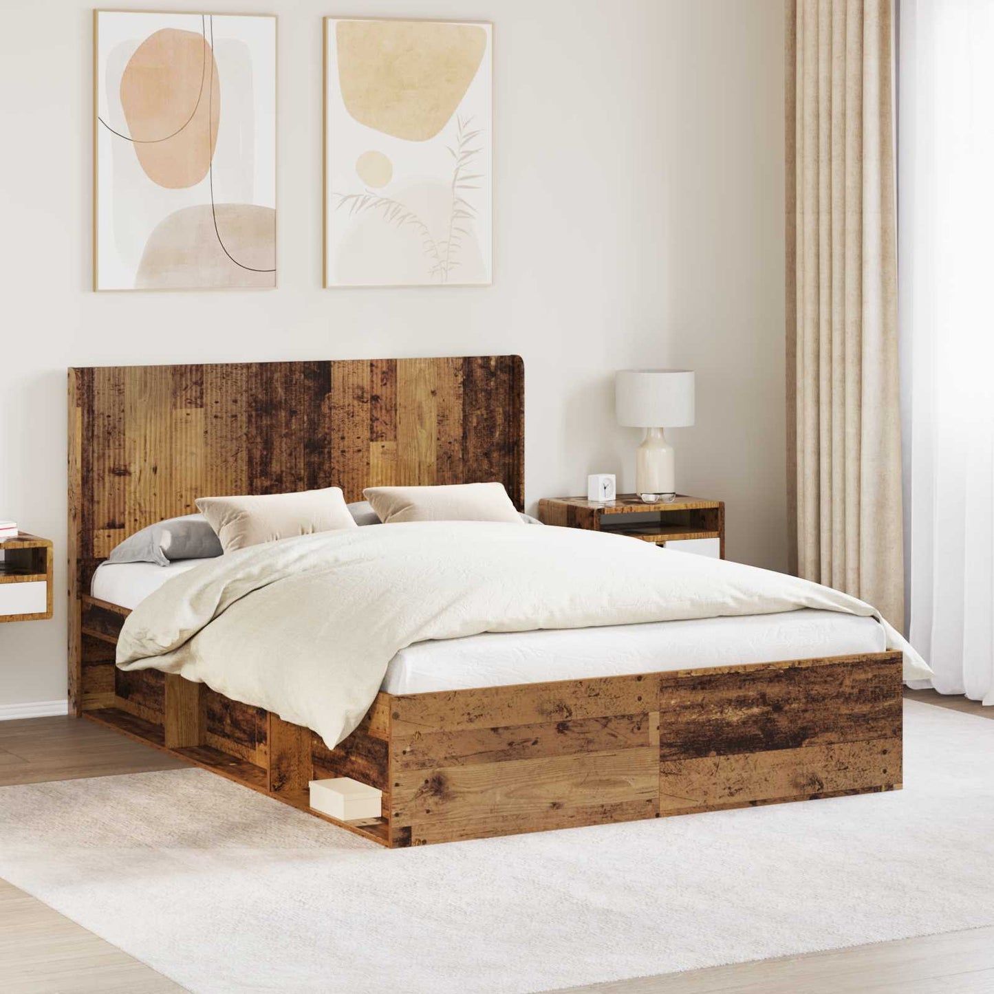 vidaXL Bed Frame with Storage and Headboard Old Wood 135 x 190 cm 1