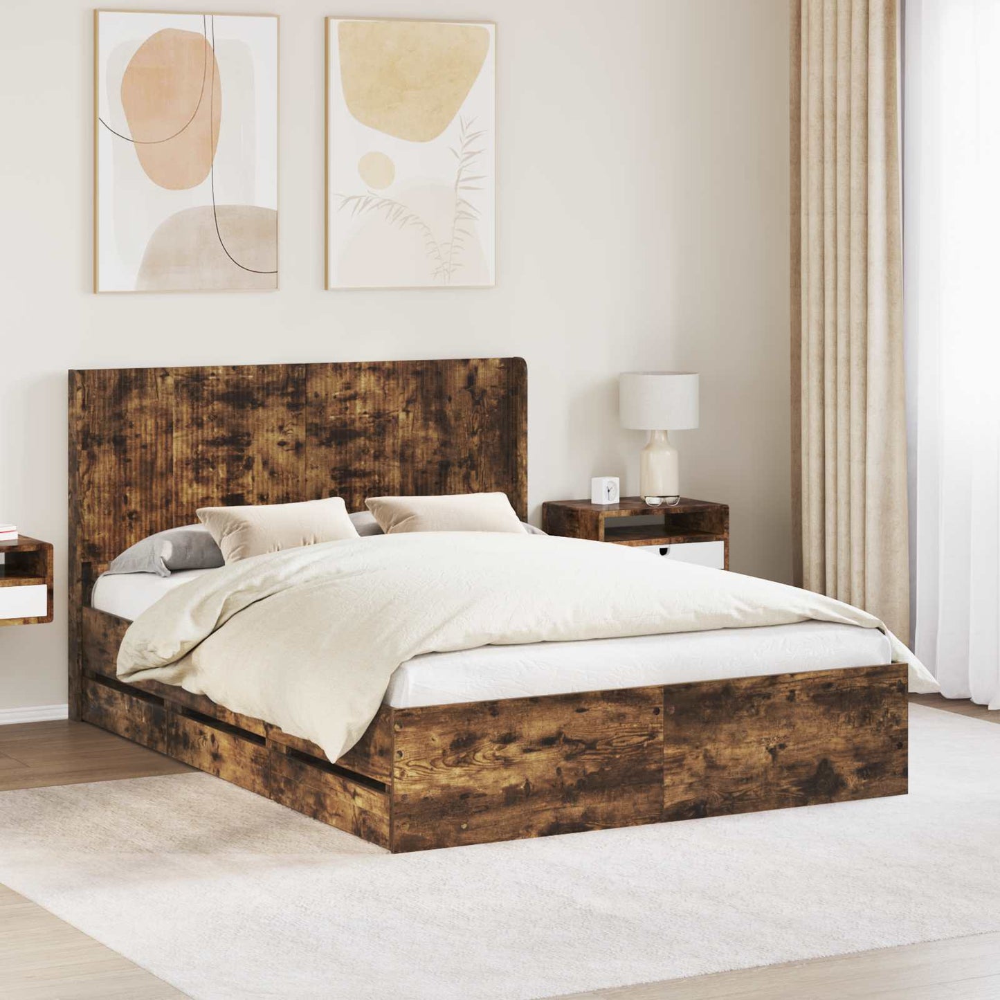 vidaXL Bed Frame with Storage and Headboard Smoked Oak 140 x 200 cm 1