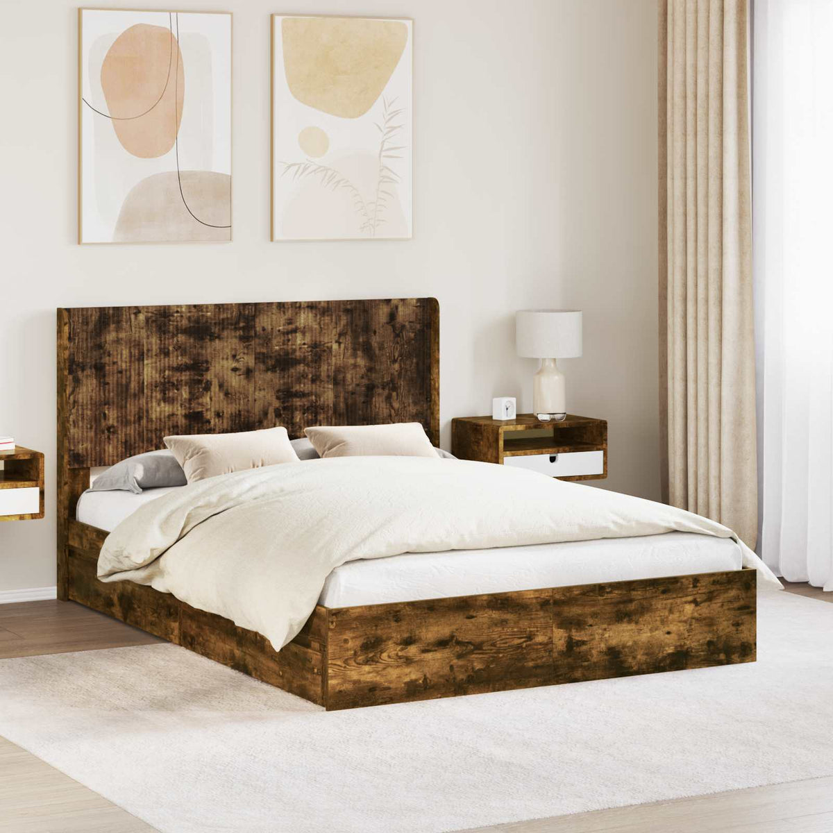 Bed Frame with Storage and Headboard Length 190 cm Smoked oak 135 cm