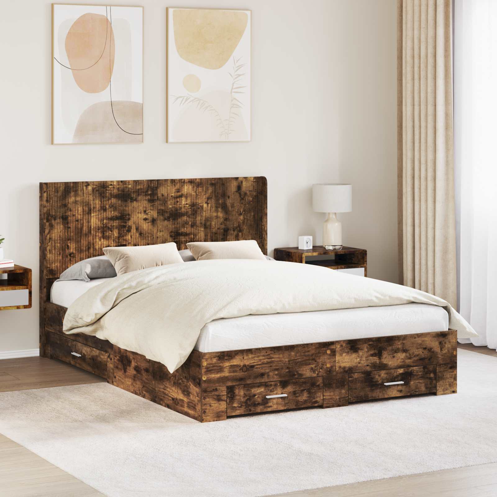 vidaXL Bed Frame with Storage and Headboard Smoked Oak Engineered Wood 1
