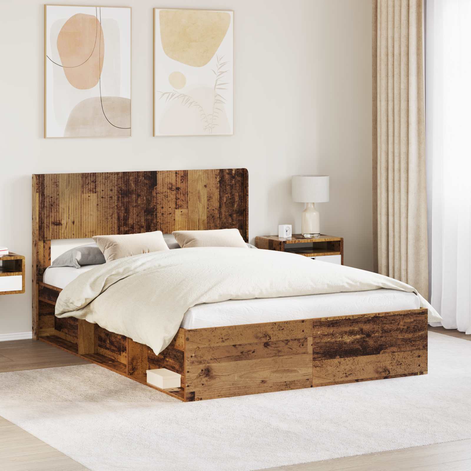 vidaXL Bed Frame with Storage and Headboard Old Wood 135 x 190 cm 1