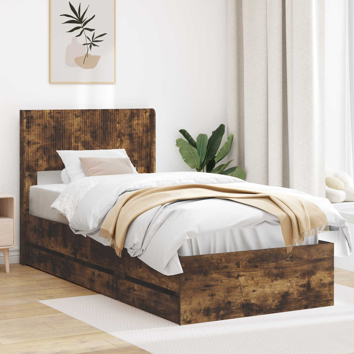 Bed Frame with Storage and Headboard Length 200 cm Smoked Oak 100 cm