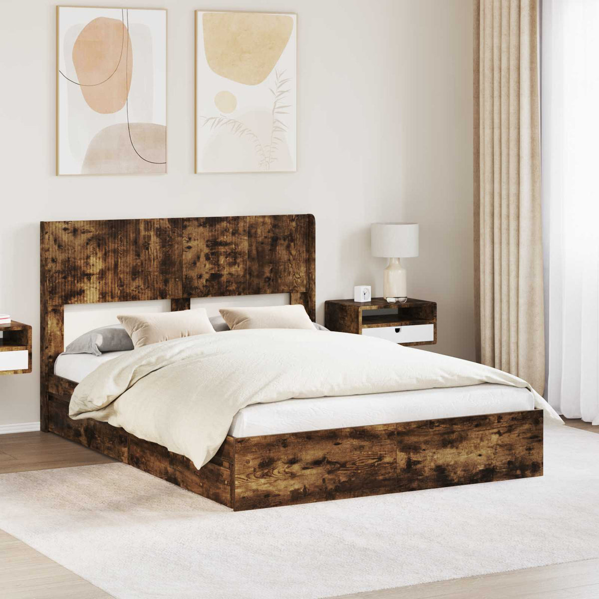 Bed Frame with Storage and Headboard Length 200 cm Smoked Oak 160 cm