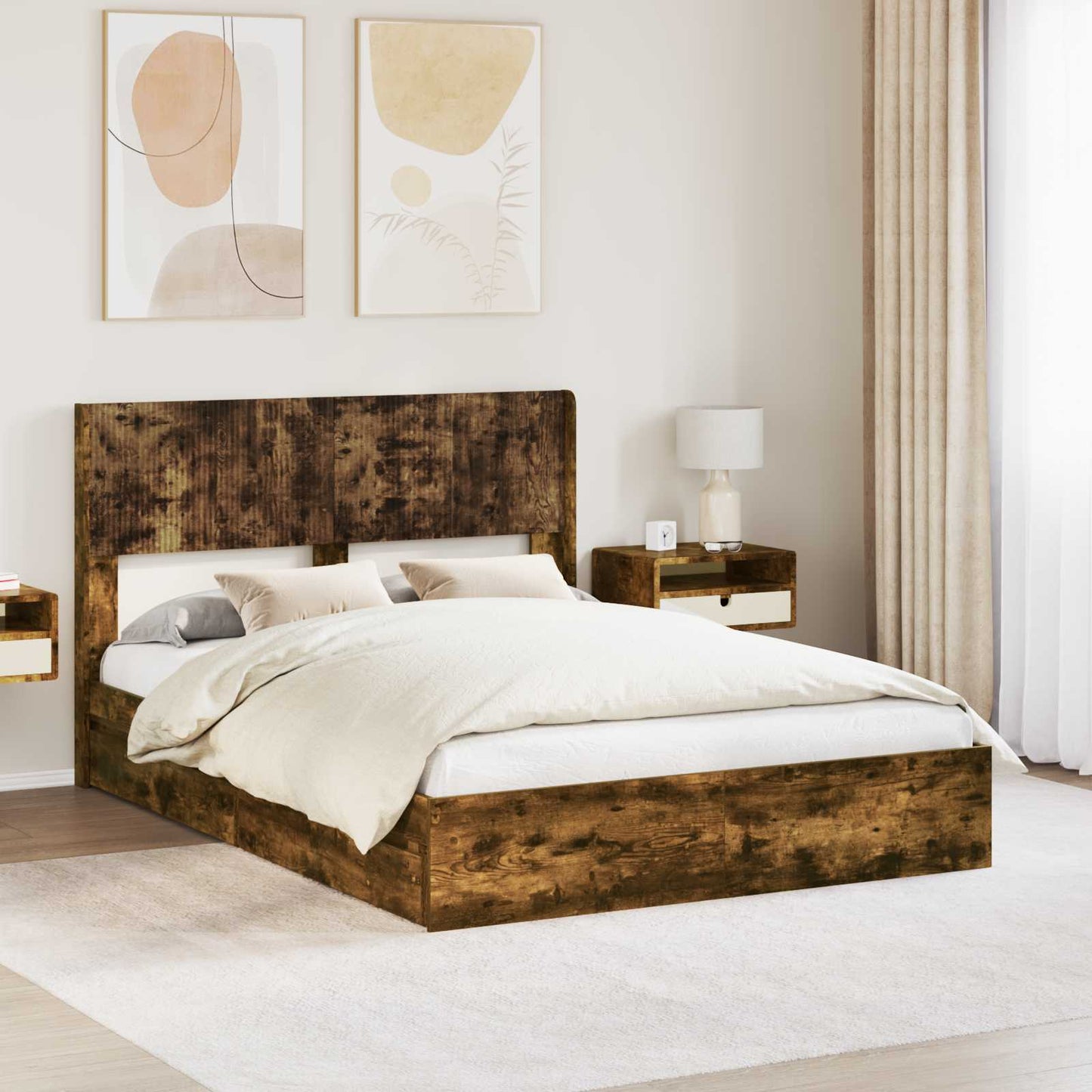 vidaXL Bed Frame with Storage and Headboard Smoked Oak 135 x 190 cm 1