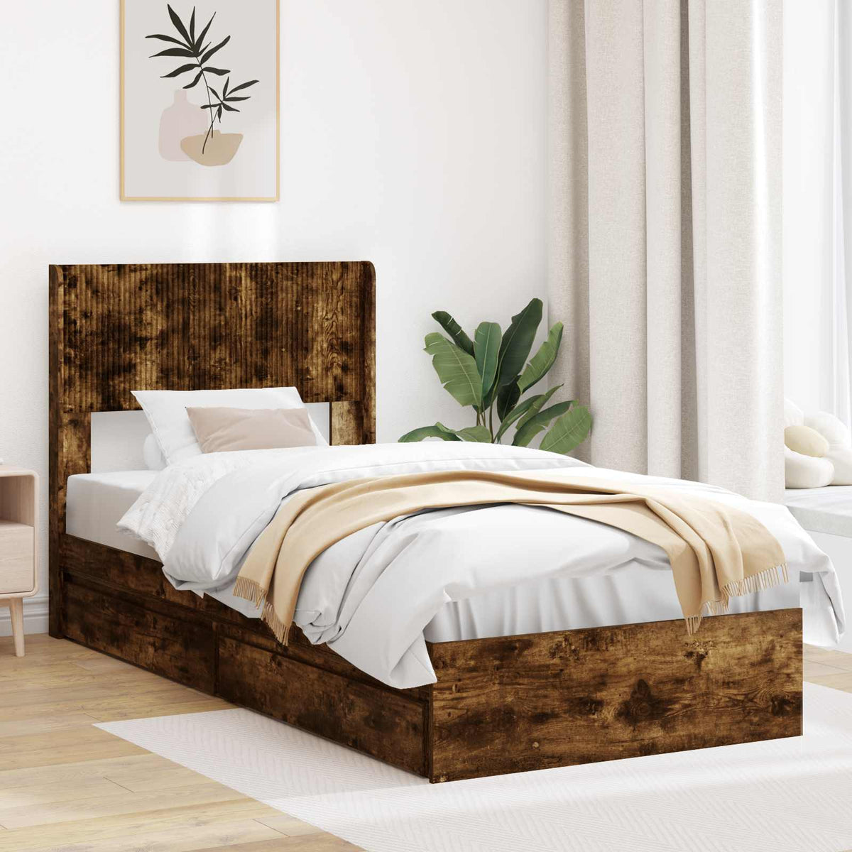 Bed Frame with Storage and Headboard Length 200 cm Smoked Oak 100 cm