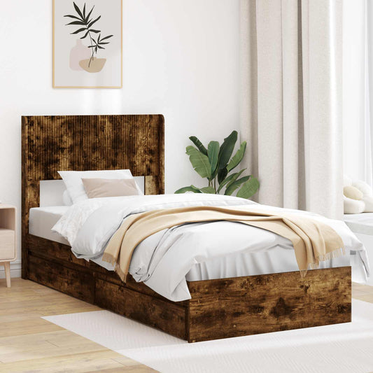 Bed Frame with Storage and Headboard Length 200 cm Smoked Oak 100 cm