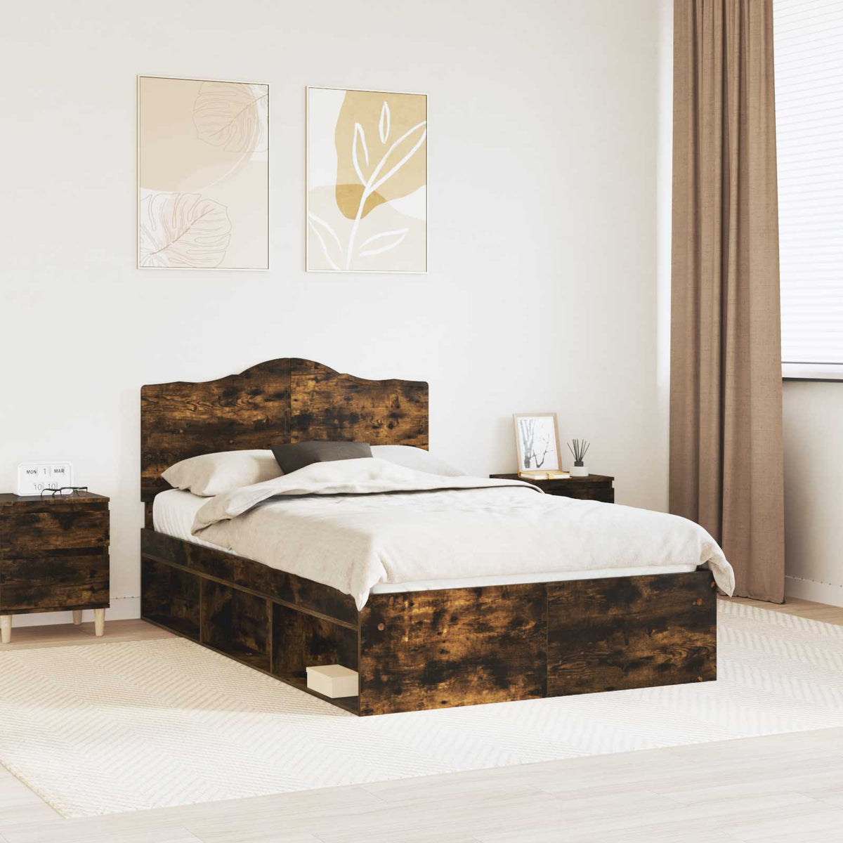vidaXL Bed Frame Smoked Oak 135 x 190 cm Solid Pine Wood 1